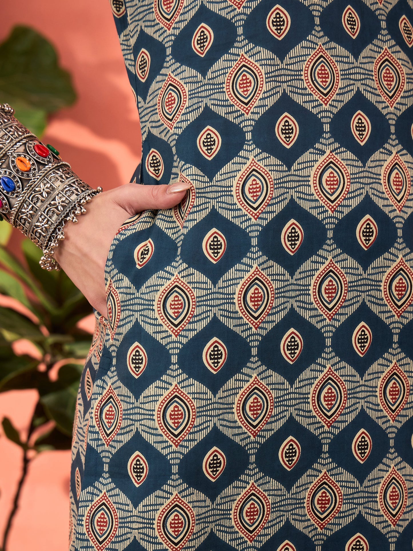 Navy Geometric Print V Neck Kurta With Pencil Pants & Dupatta-Shae by SASSAFRAS