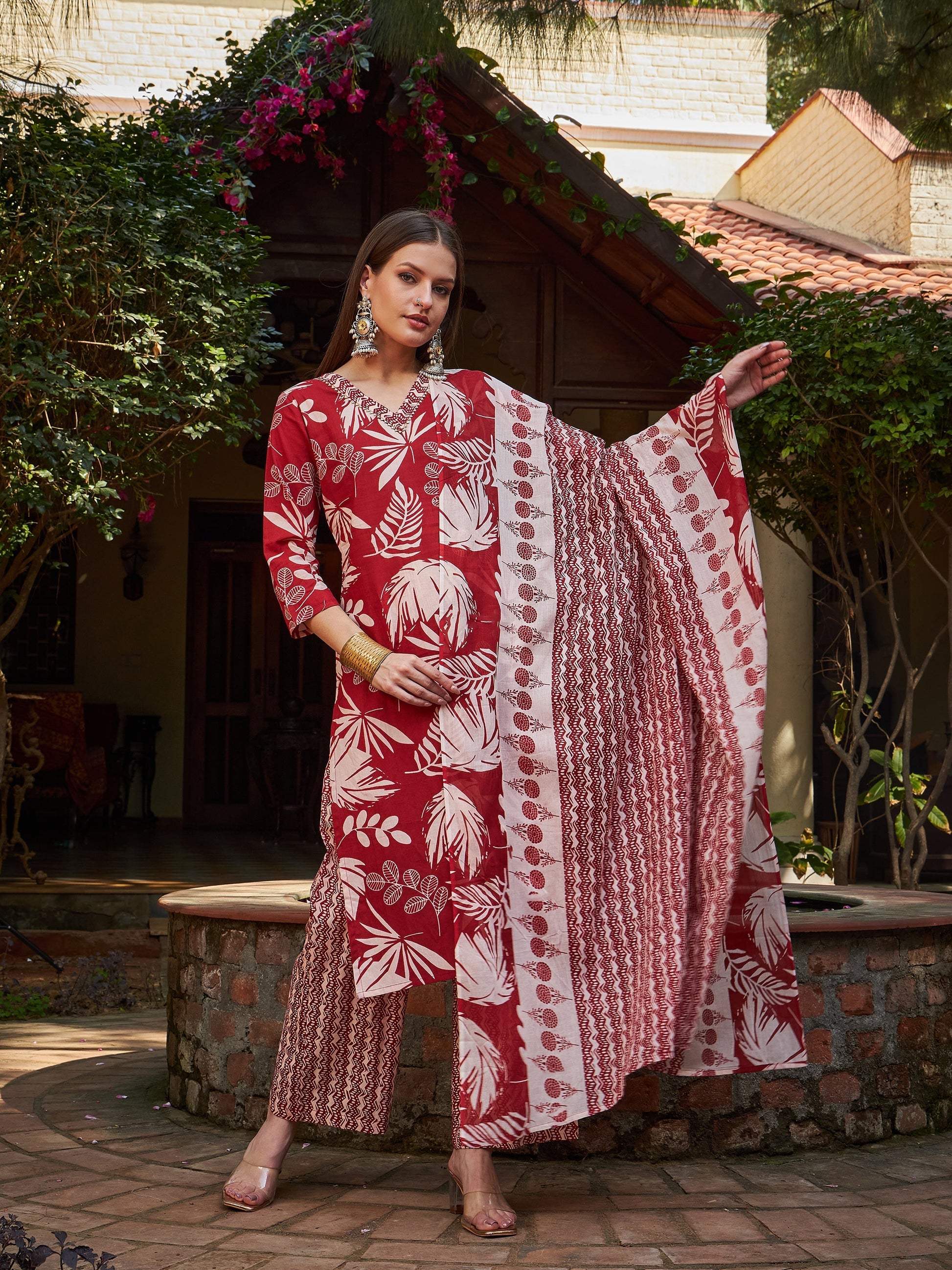 Maroon Floral V Neck Kurta With Pencil Pants & Dupatta-Shae by SASSAFRAS