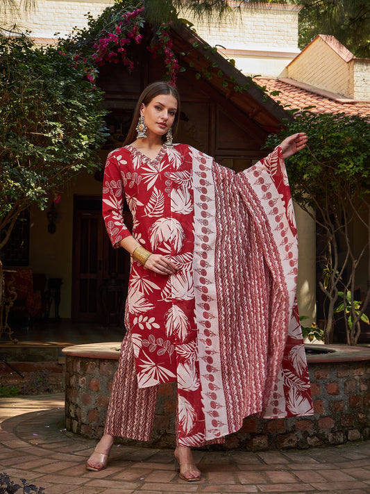 Maroon Floral V Neck Kurta With Pencil Pants & Dupatta-Shae by SASSAFRAS