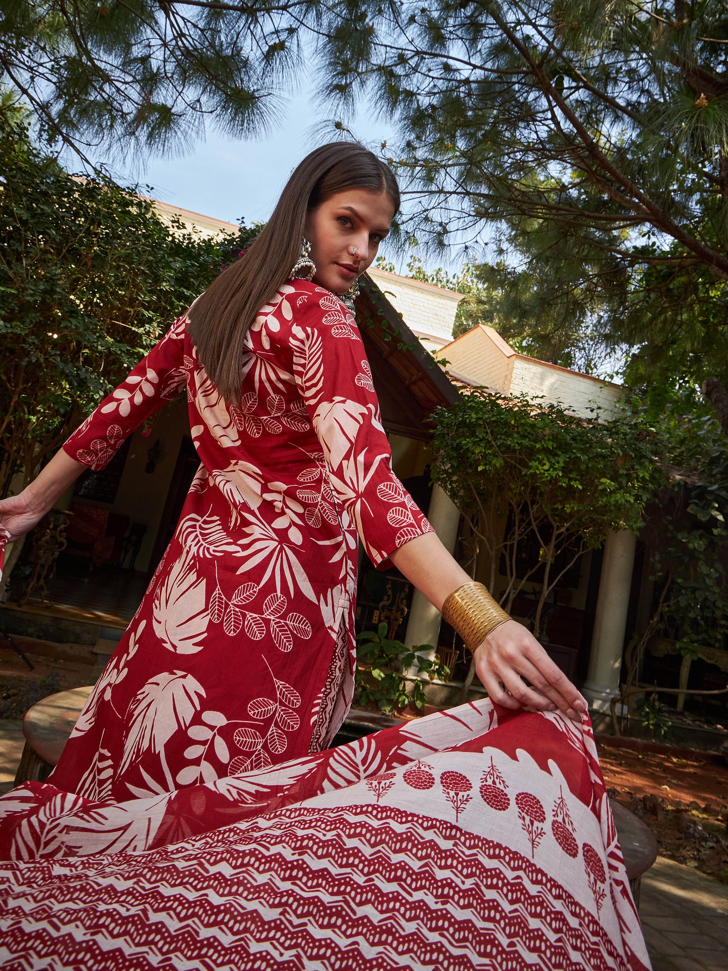 Maroon Floral V Neck Kurta With Pencil Pants & Dupatta-Shae by SASSAFRAS