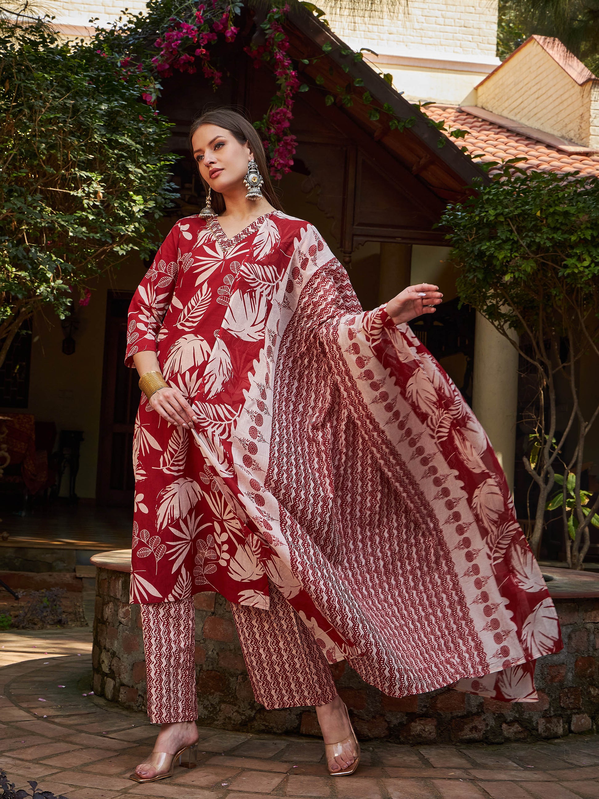 Maroon Floral V Neck Kurta With Pencil Pants & Dupatta-Shae by SASSAFRAS