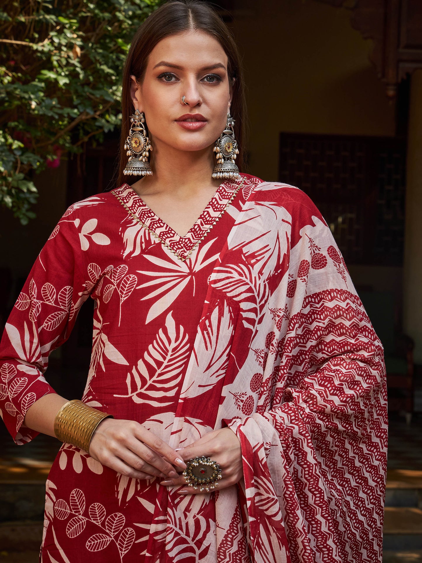 Maroon Floral V Neck Kurta With Pencil Pants & Dupatta-Shae by SASSAFRAS