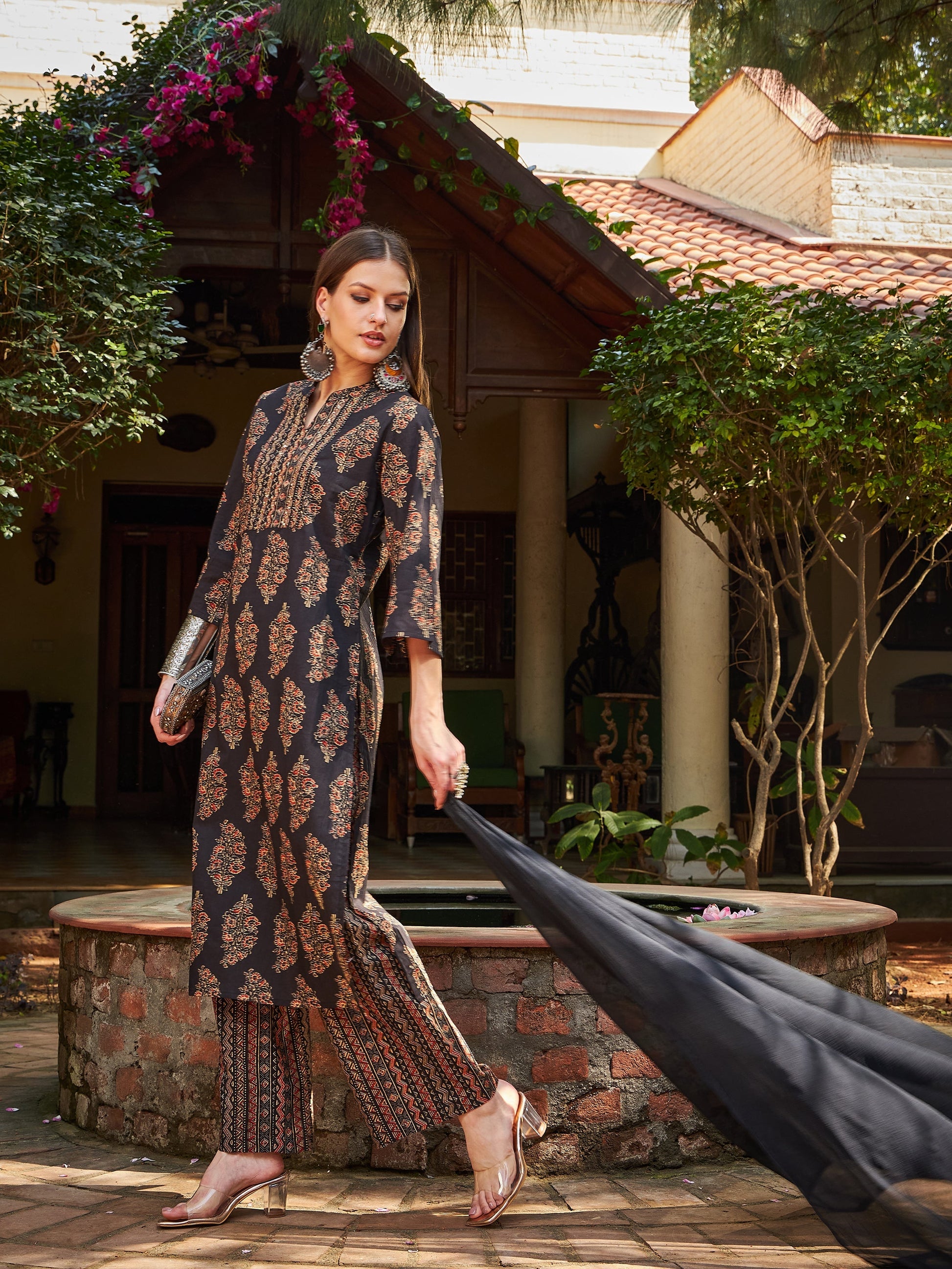 Black Floral Straight Kurta With Pants & Dupatta-Shae by SASSAFRAS