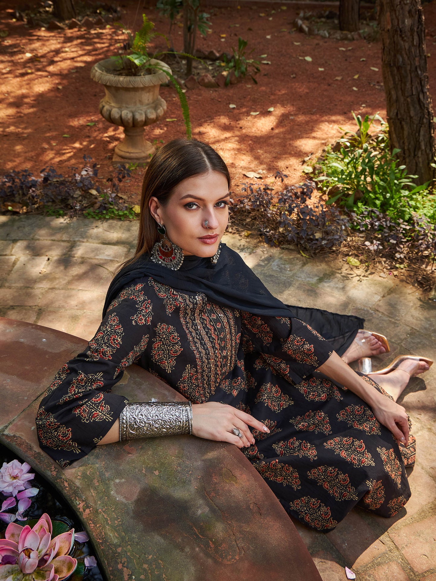 Black Floral Straight Kurta With Pants & Dupatta-Shae by SASSAFRAS
