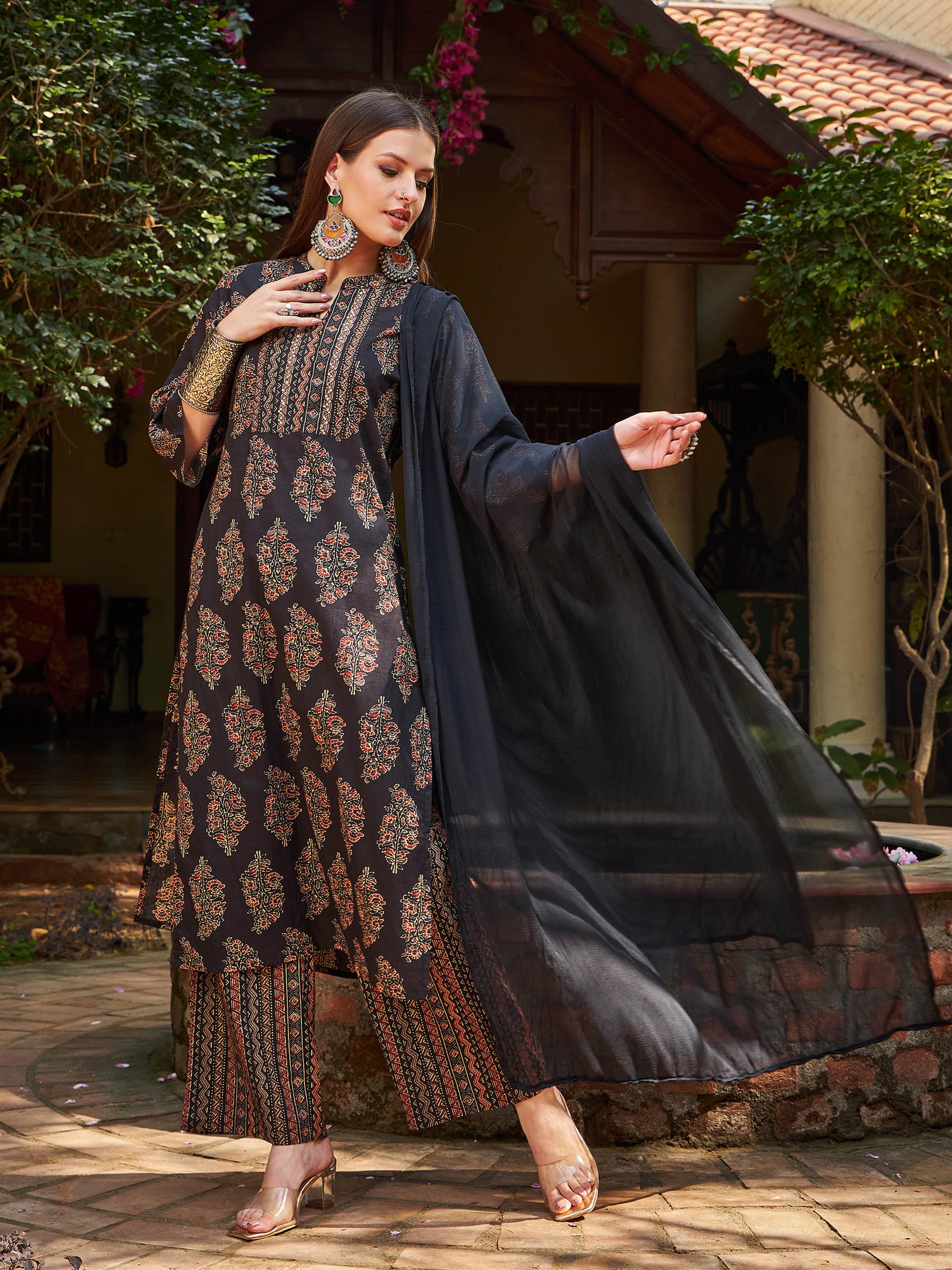 Black Floral Straight Kurta With Pants & Dupatta-Shae by SASSAFRAS
