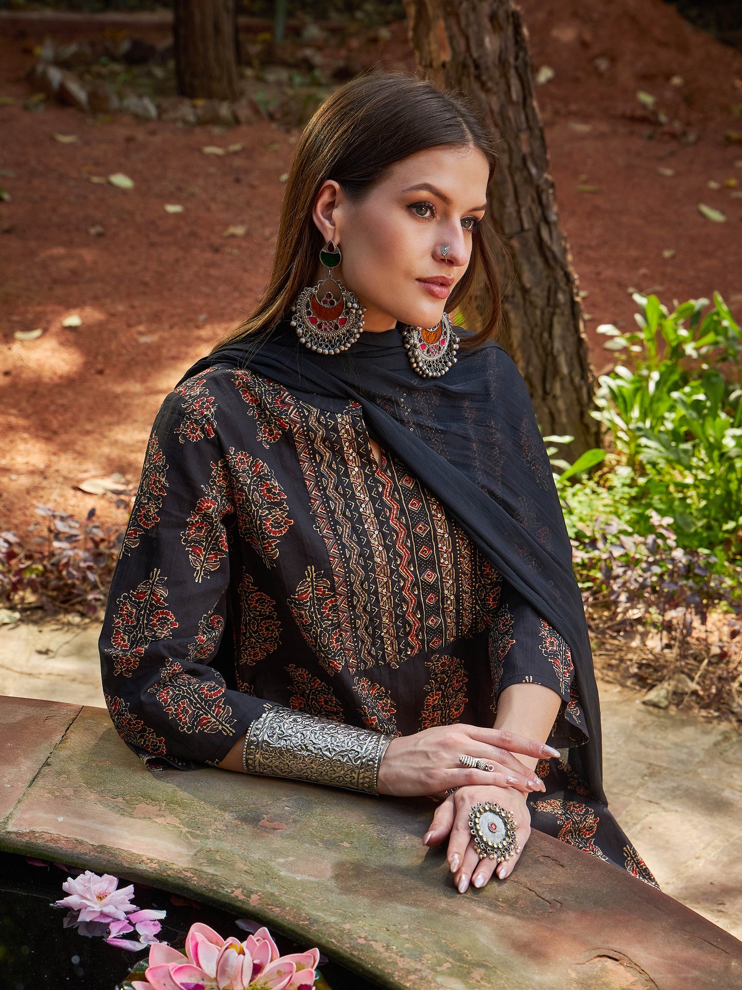 Black Floral Straight Kurta With Pants & Dupatta-Shae by SASSAFRAS
