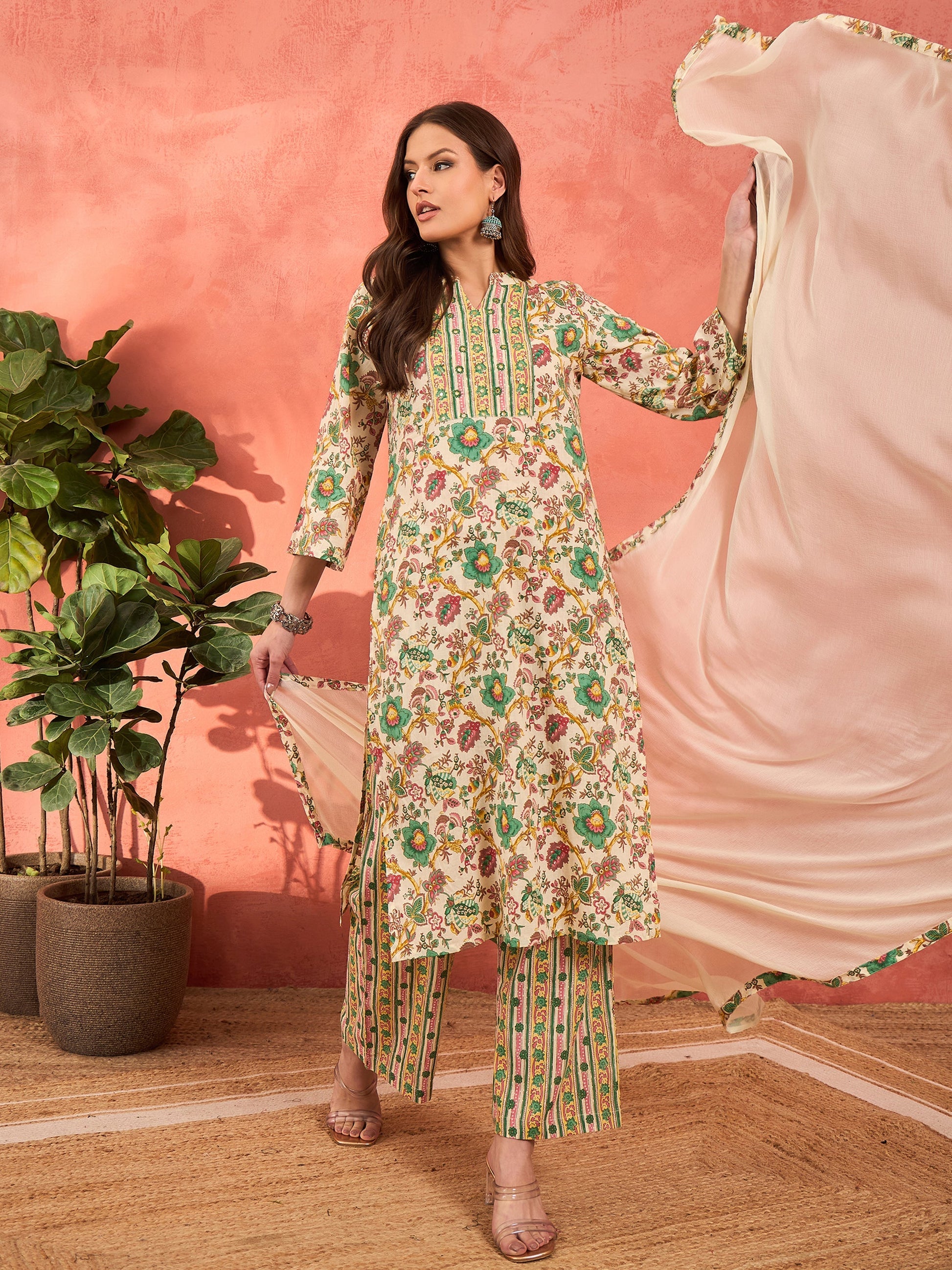 White Multi Floral Straight Kurta With Pencil Pants & Dupatta-Shae by SASSAFRAS