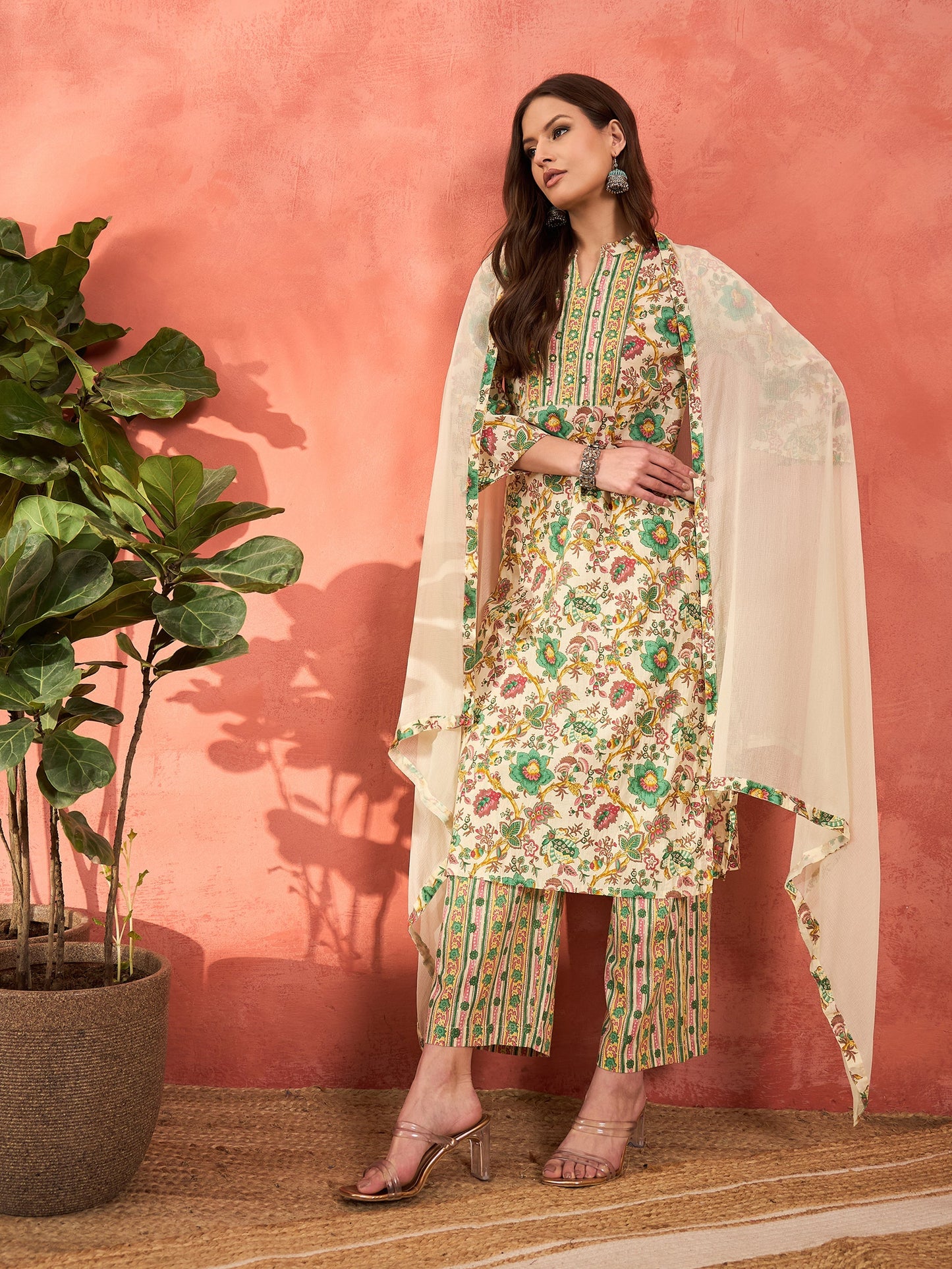 White Multi Floral Straight Kurta With Pencil Pants & Dupatta-Shae by SASSAFRAS