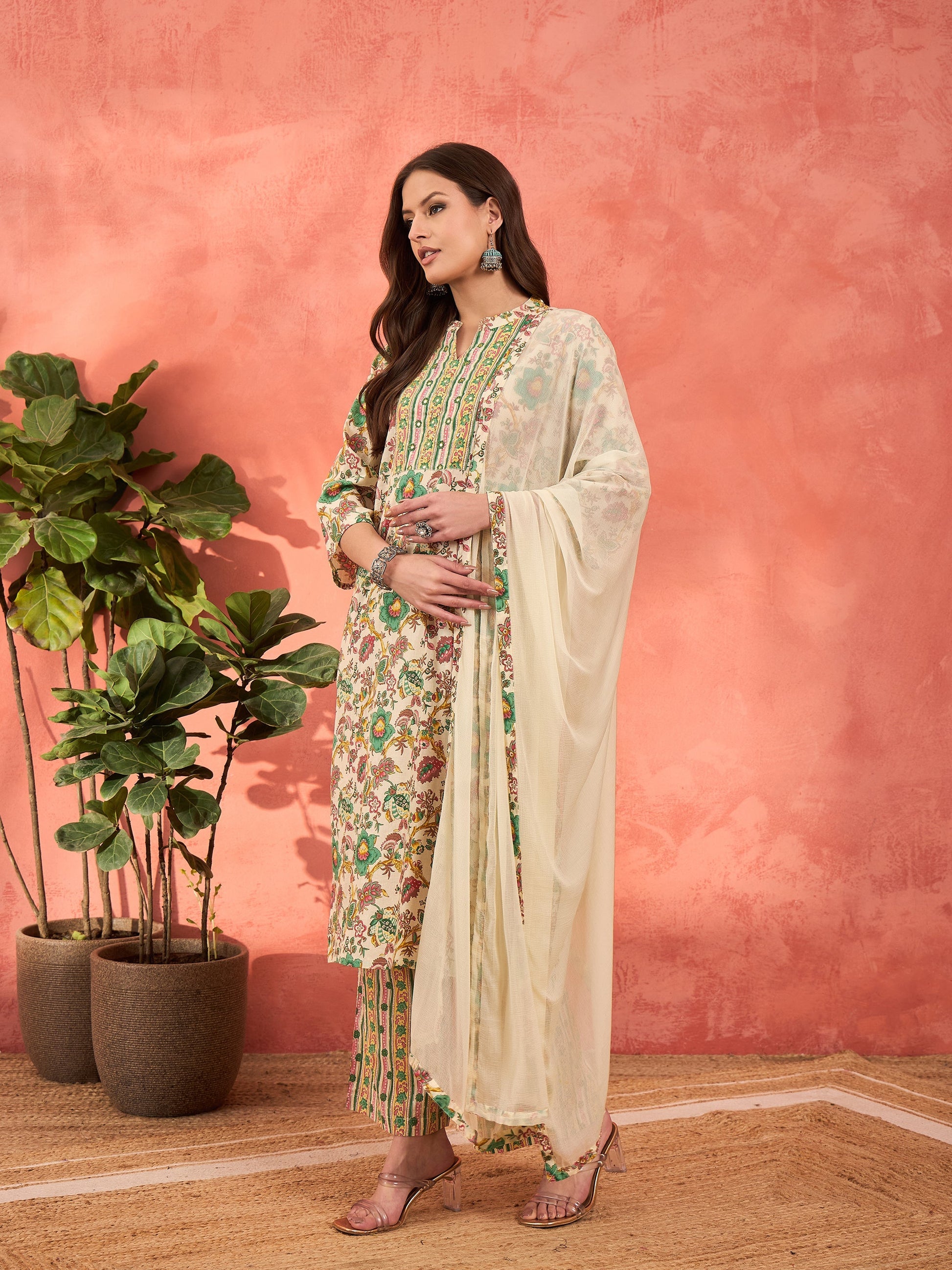 White Multi Floral Straight Kurta With Pencil Pants & Dupatta-Shae by SASSAFRAS