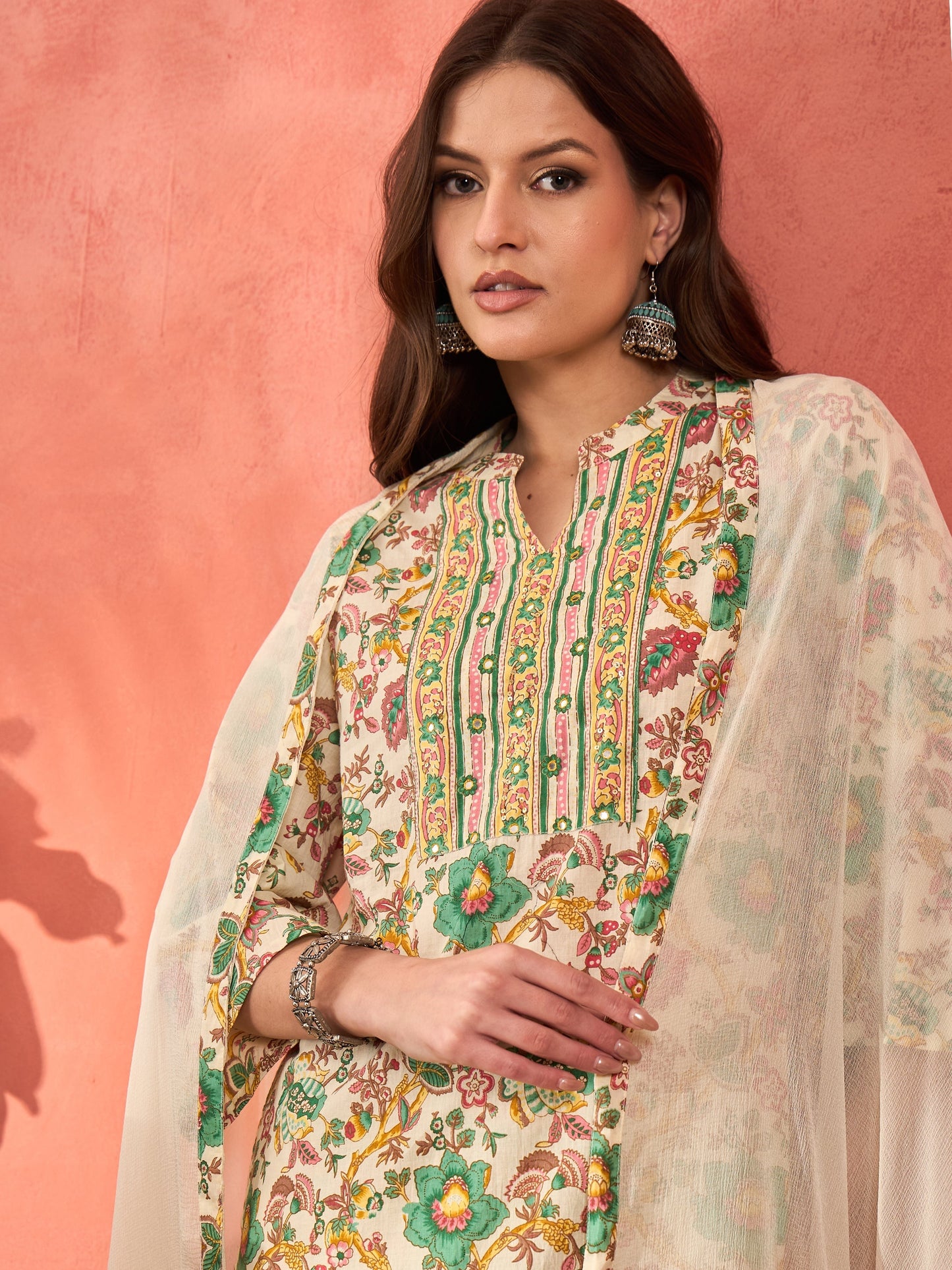White Multi Floral Straight Kurta With Pencil Pants & Dupatta-Shae by SASSAFRAS