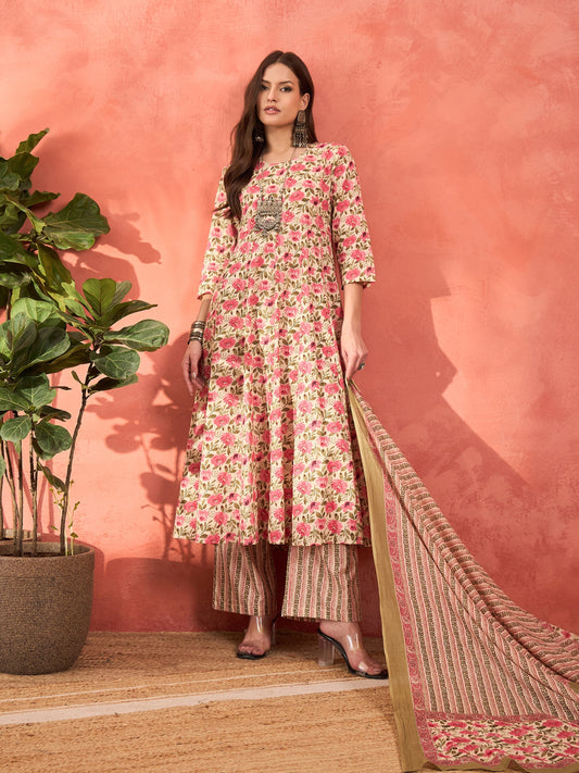 Off White & Pink Floral Anarkali Kurta With Pencil Pants & Dupatta-Shae by SASSAFRAS