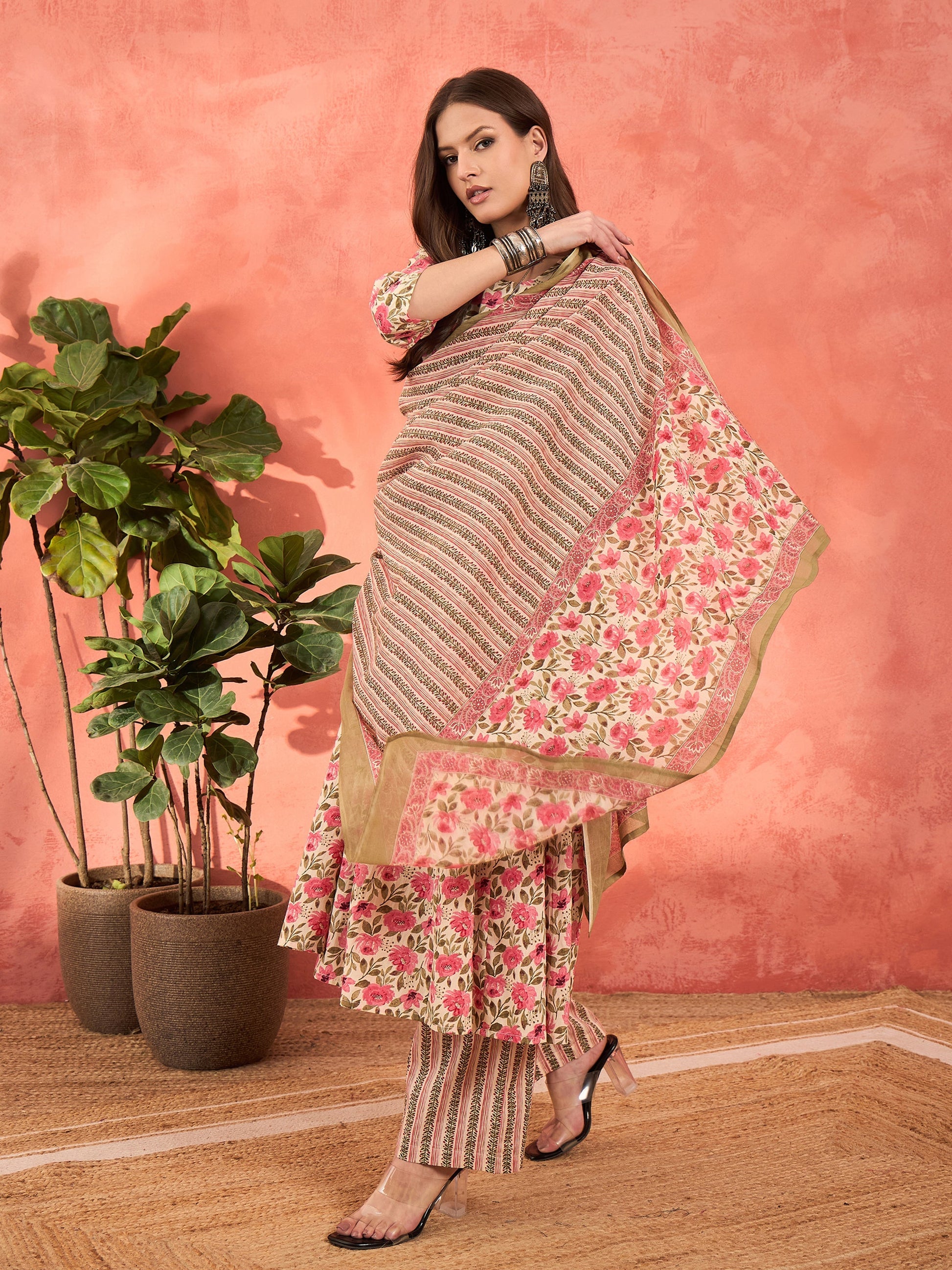 Off White & Pink Floral Anarkali Kurta With Pencil Pants & Dupatta-Shae by SASSAFRAS