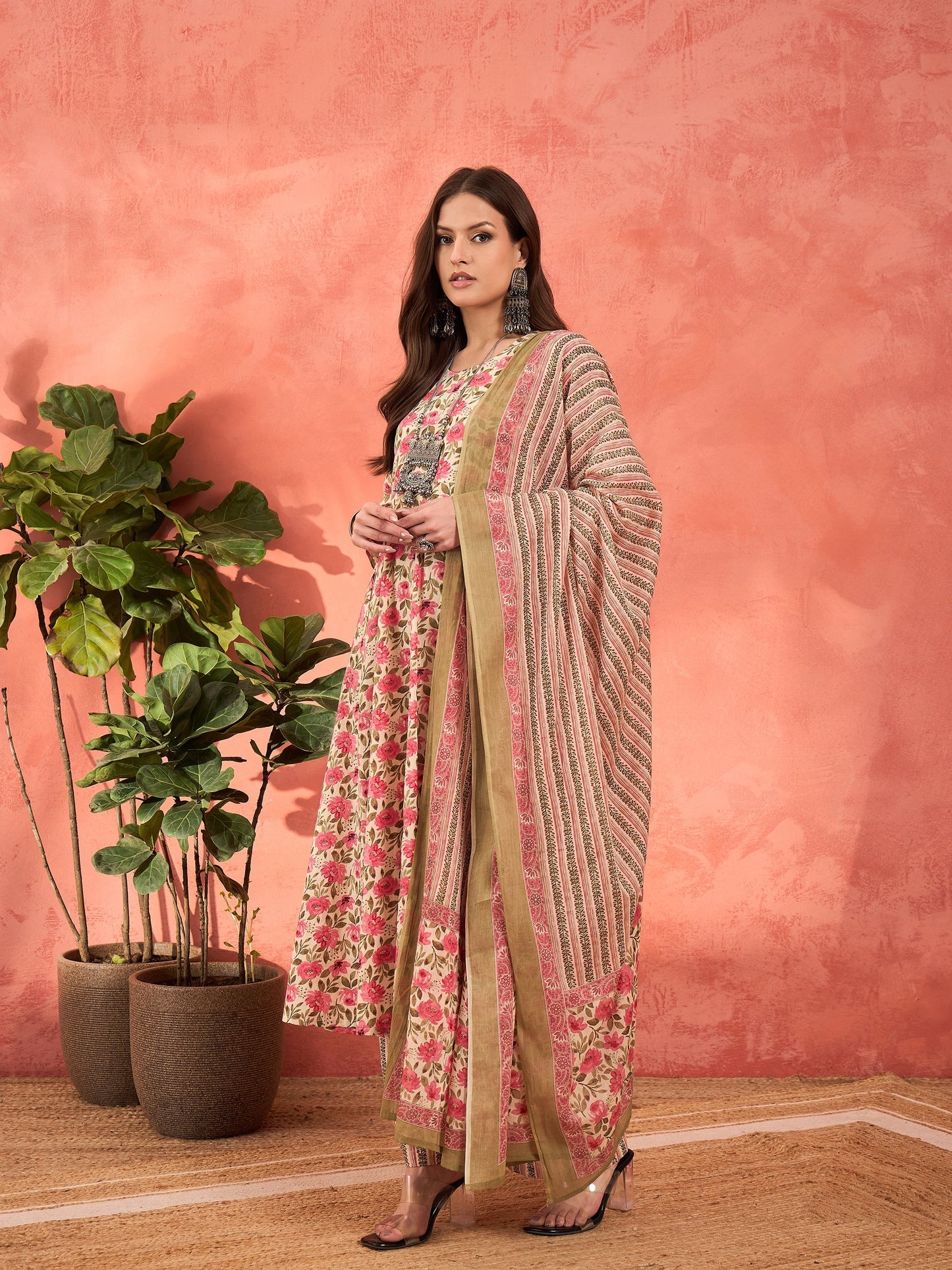 Off White & Pink Floral Anarkali Kurta With Pencil Pants & Dupatta-Shae by SASSAFRAS