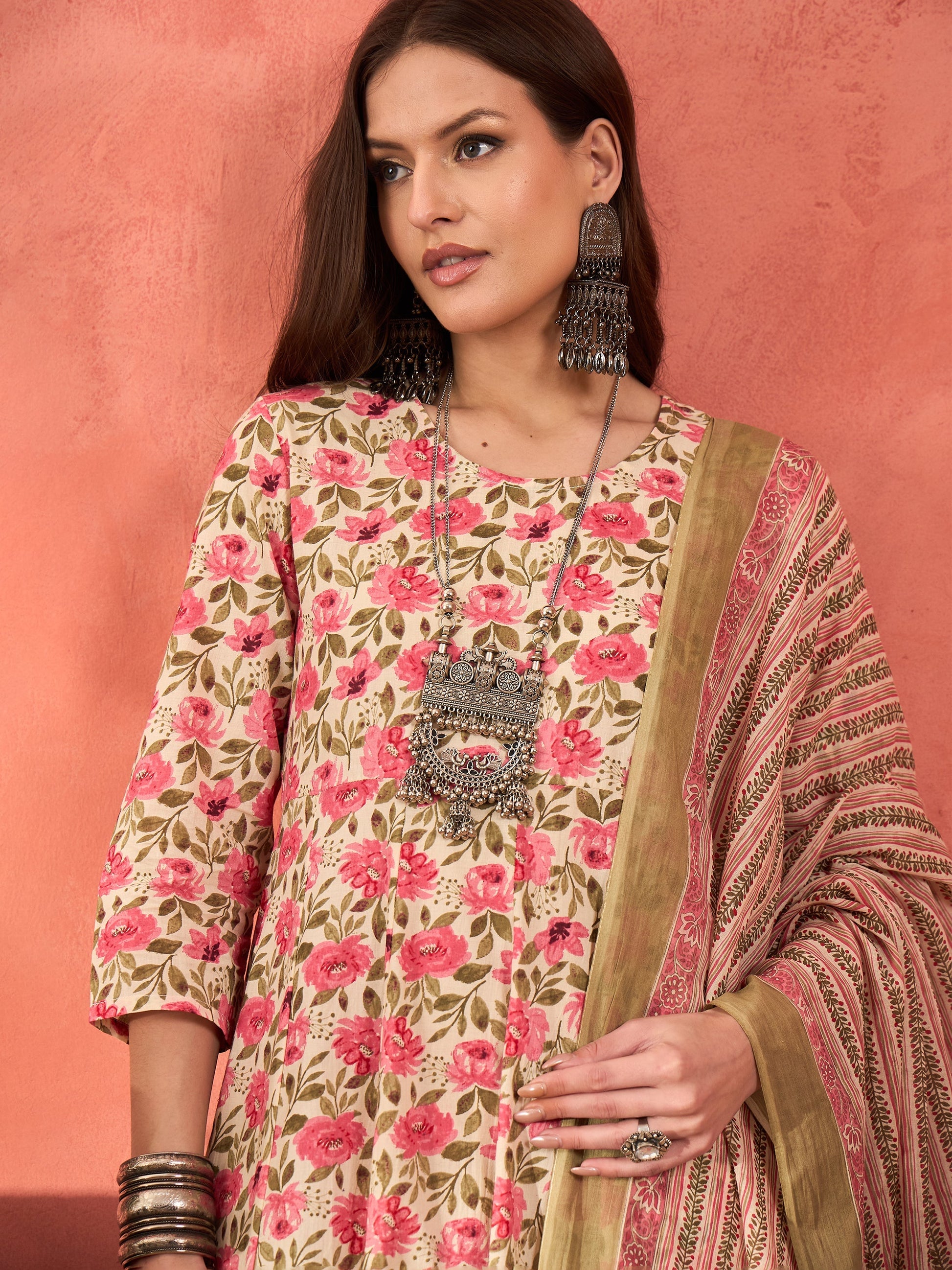 Off White & Pink Floral Anarkali Kurta With Pencil Pants & Dupatta-Shae by SASSAFRAS