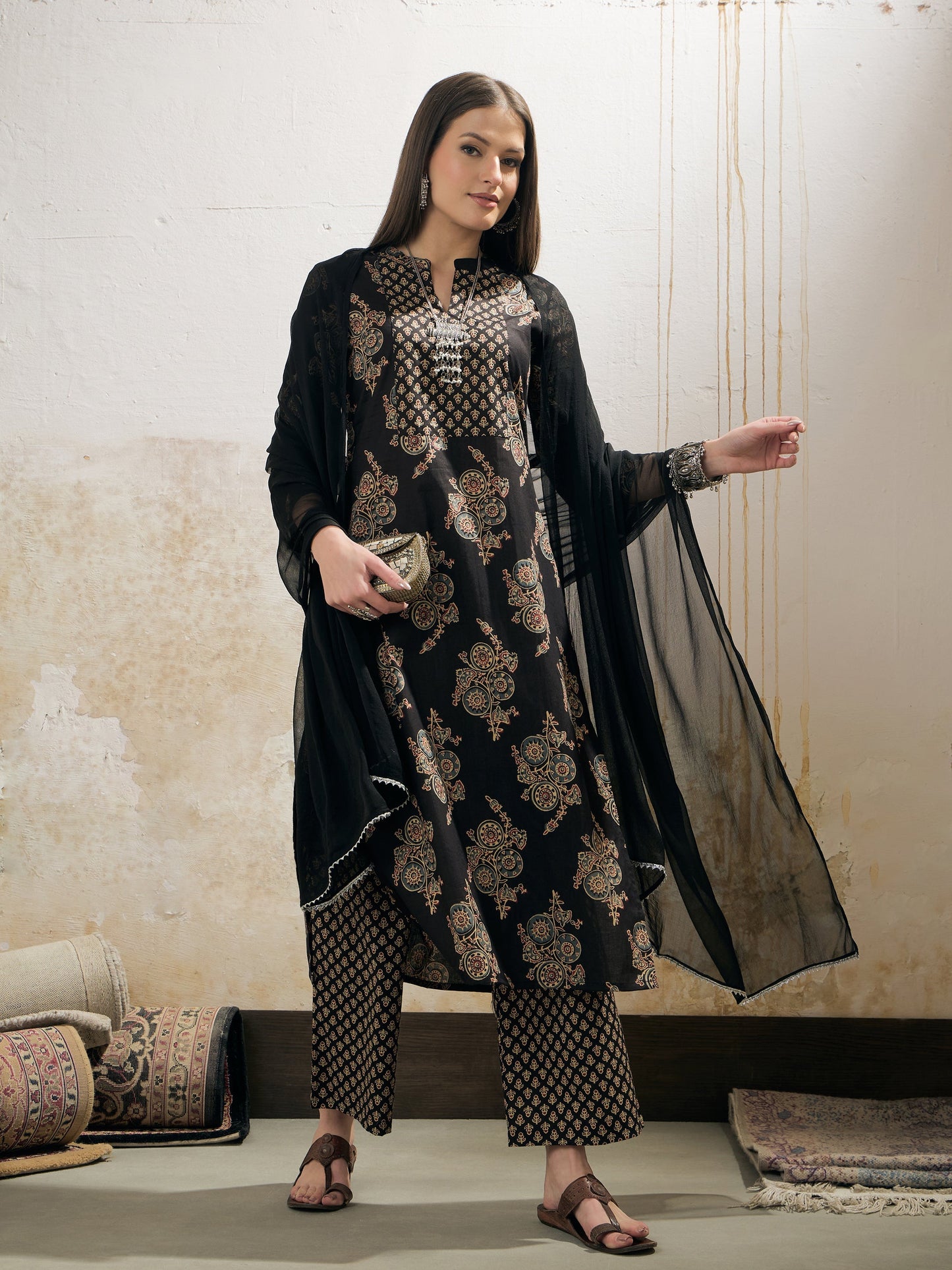 Black Floral Straight Kurta With Pencil Pants & Dupatta-Shae by SASSAFRAS