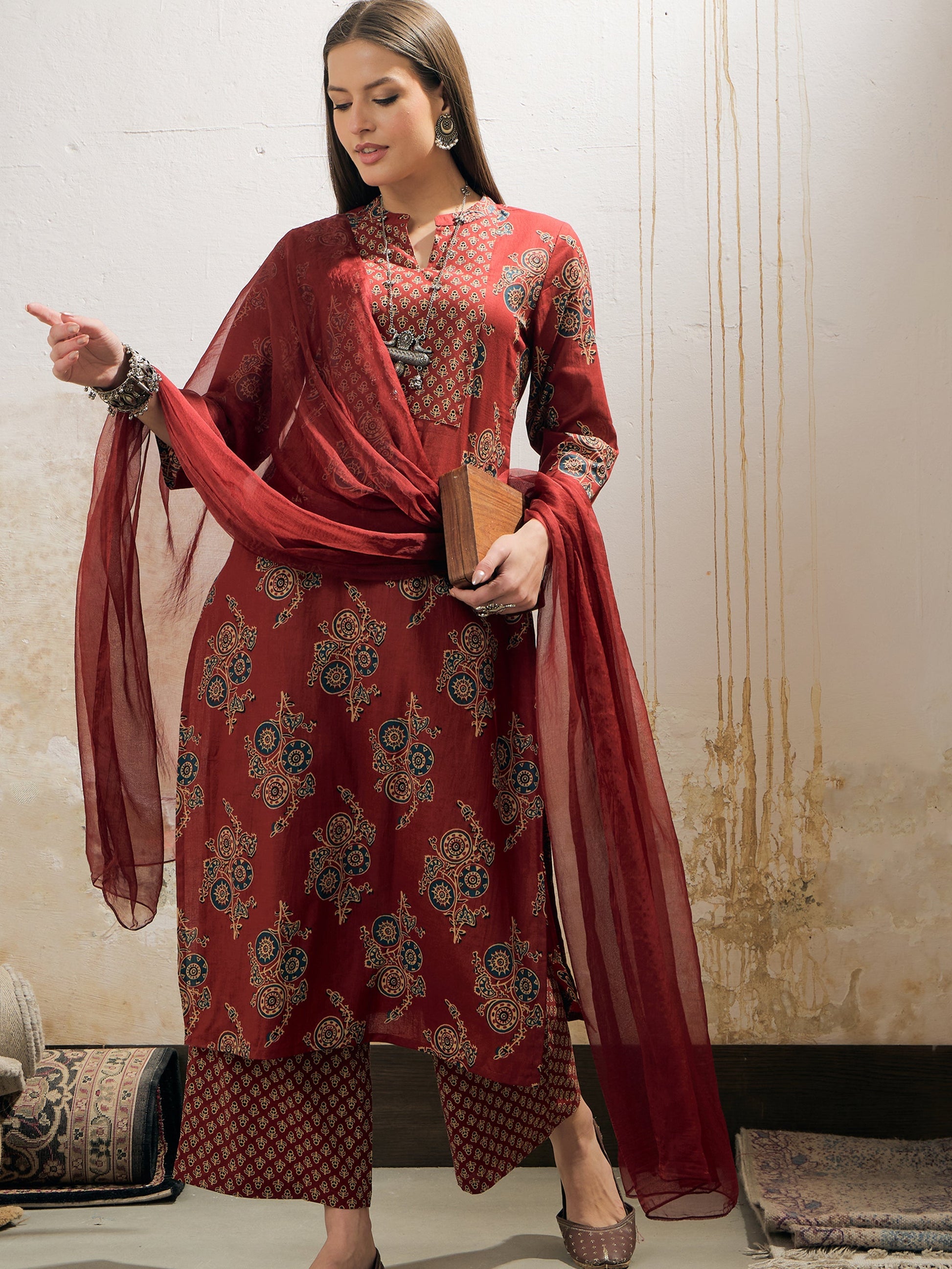 Maroon Floral Straight Kurta With Pencil Pants & Dupatta-Shae by SASSAFRAS