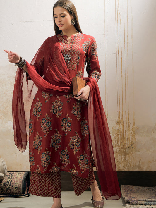 Maroon Floral Straight Kurta With Pencil Pants & Dupatta-Shae by SASSAFRAS