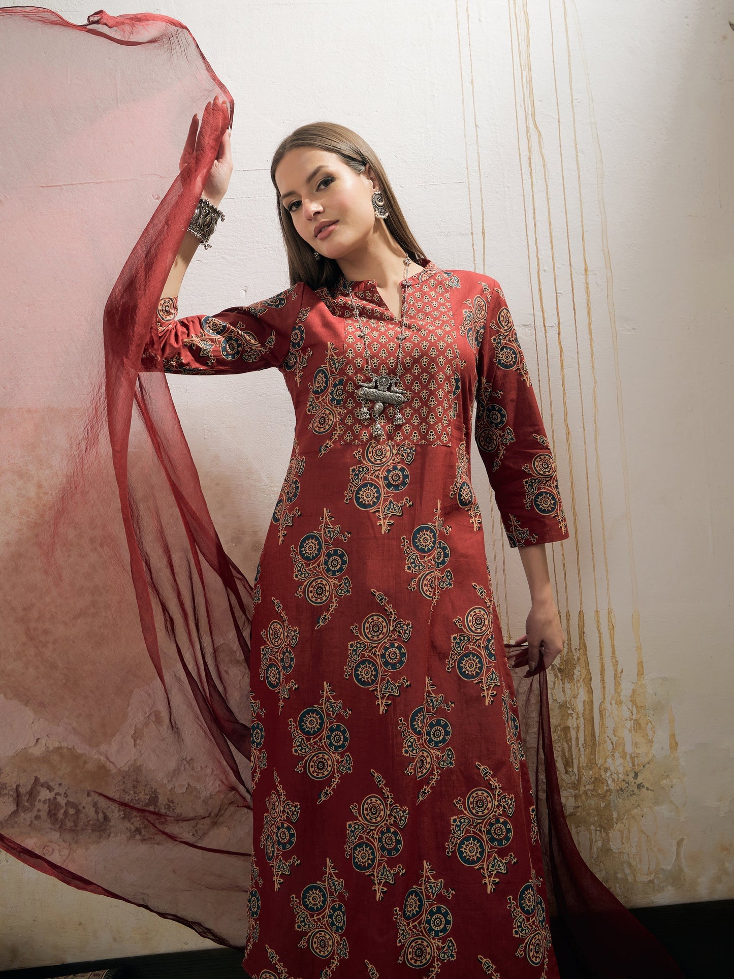 Maroon Floral Straight Kurta With Pencil Pants & Dupatta-Shae by SASSAFRAS