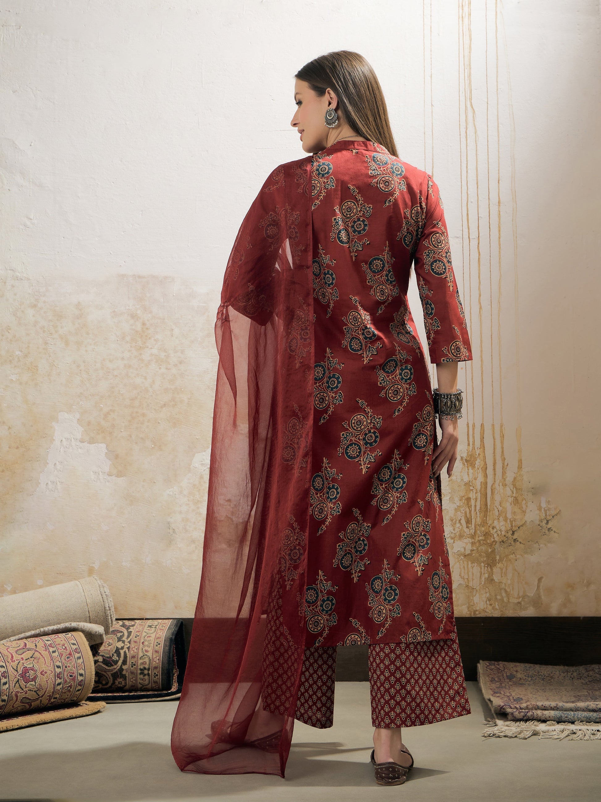 Maroon Floral Straight Kurta With Pencil Pants & Dupatta-Shae by SASSAFRAS