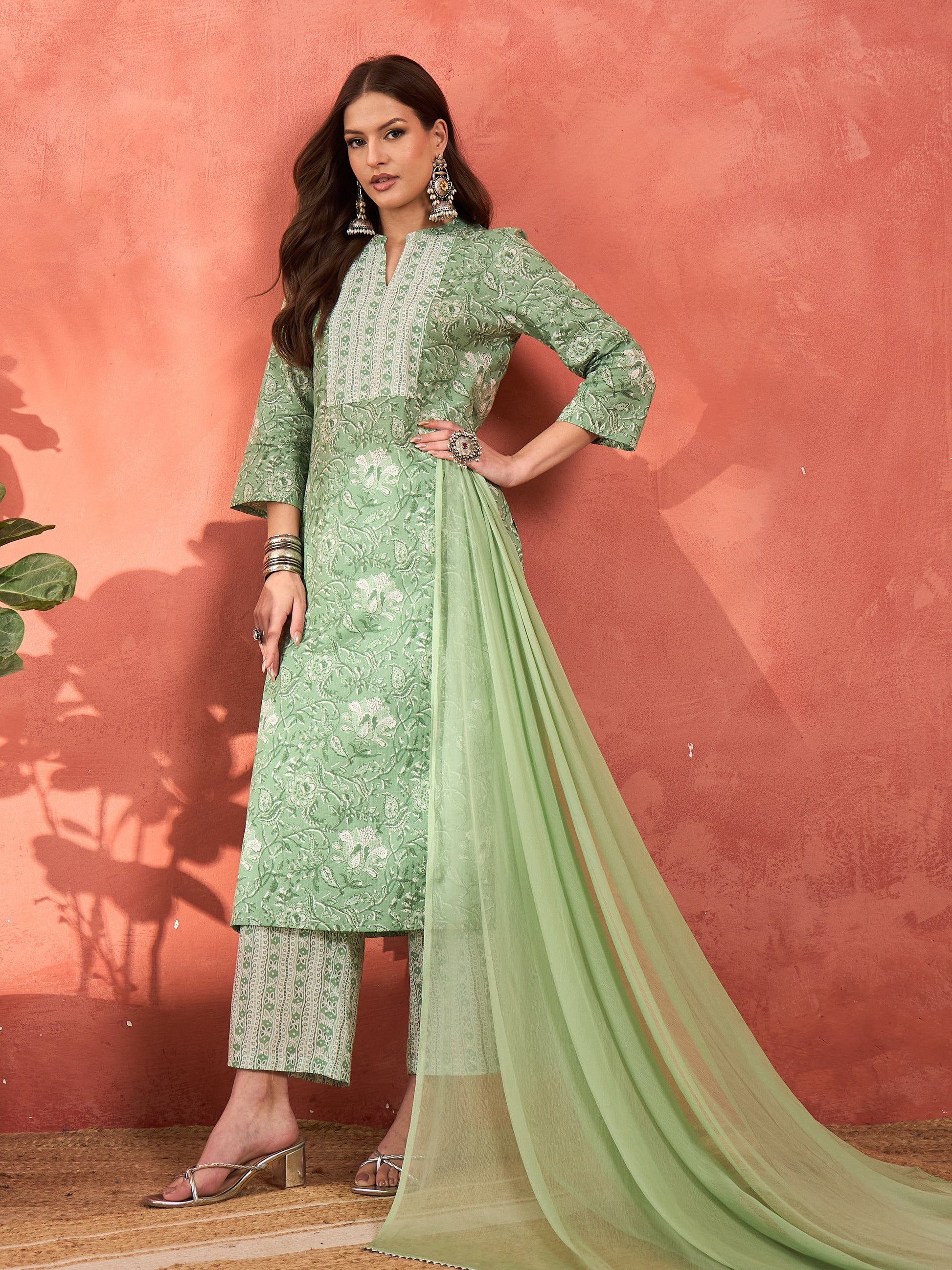 Sea Green Floral Straight Kurta With Pencil Pants & Dupatta-Shae by SASSAFRAS