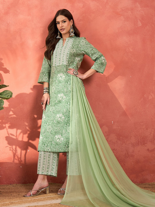Sea Green Floral Straight Kurta With Pencil Pants & Dupatta-Shae by SASSAFRAS