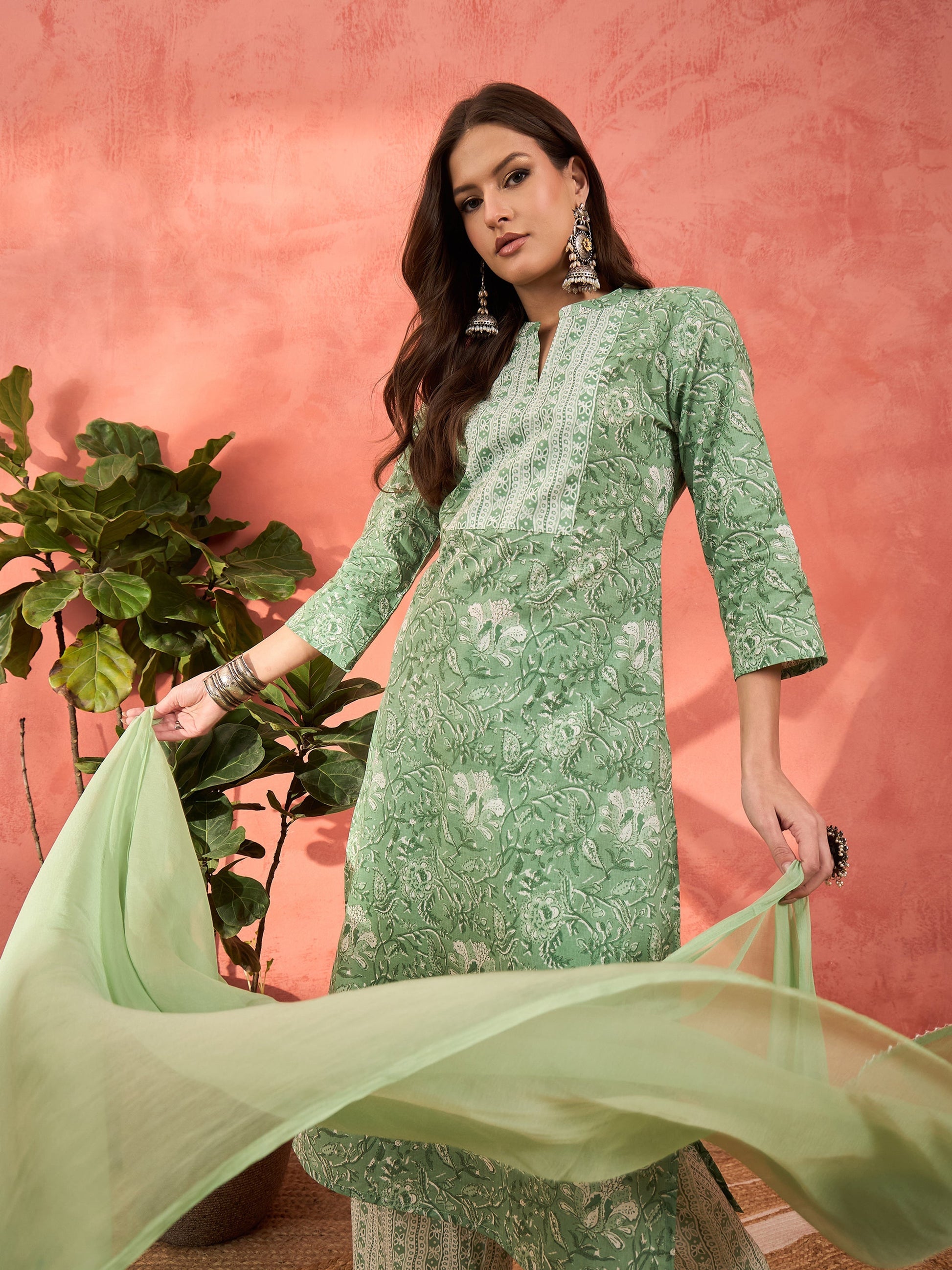Sea Green Floral Straight Kurta With Pencil Pants & Dupatta-Shae by SASSAFRAS