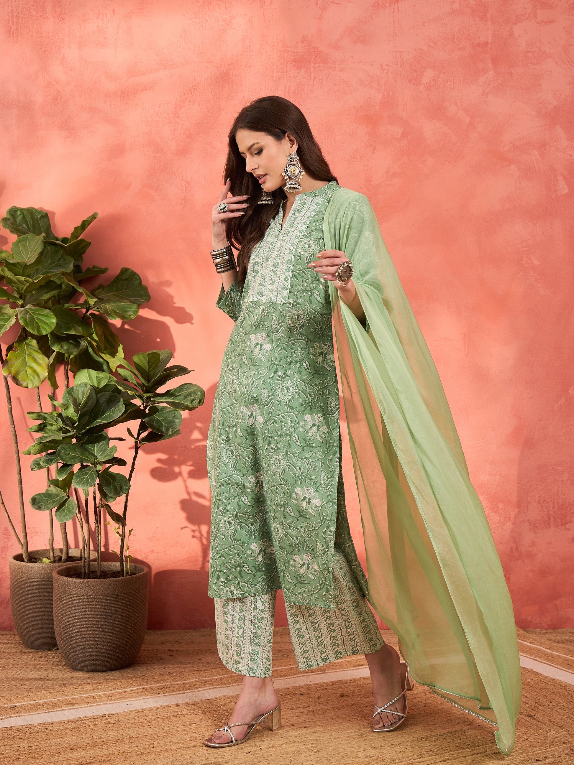 Sea Green Floral Straight Kurta With Pencil Pants & Dupatta-Shae by SASSAFRAS