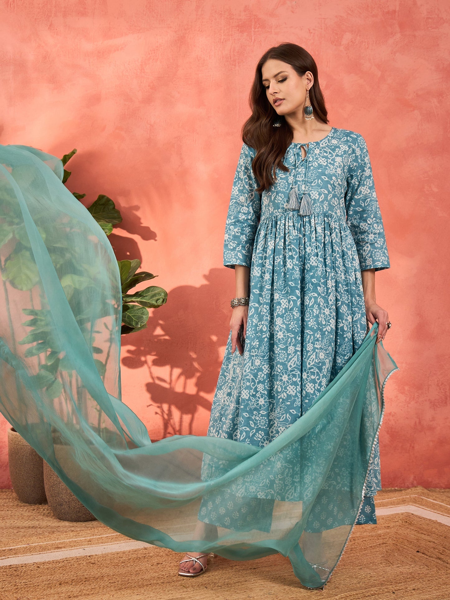 Blue Floral Front Dori Gathered Kurta With Pencil Pants & Dupatta-Shae by SASSAFRAS