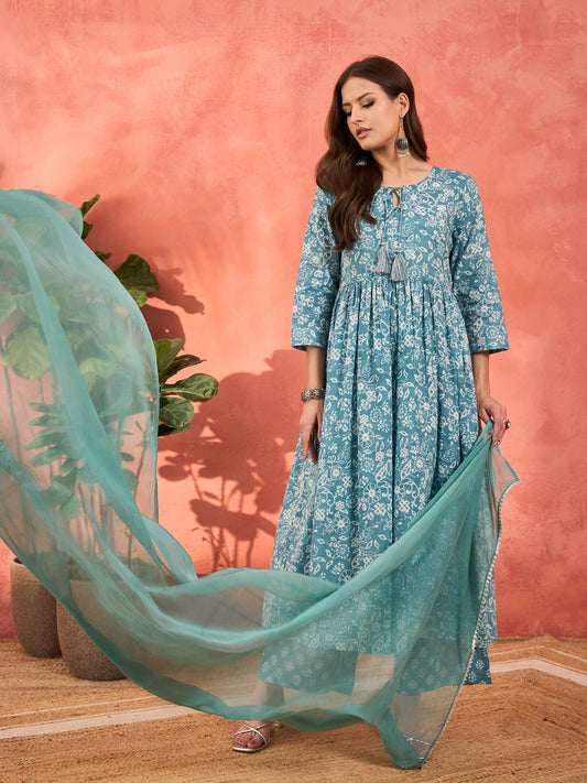 Blue Floral Front Dori Gathered Kurta With Pencil Pants & Dupatta-Shae by SASSAFRAS