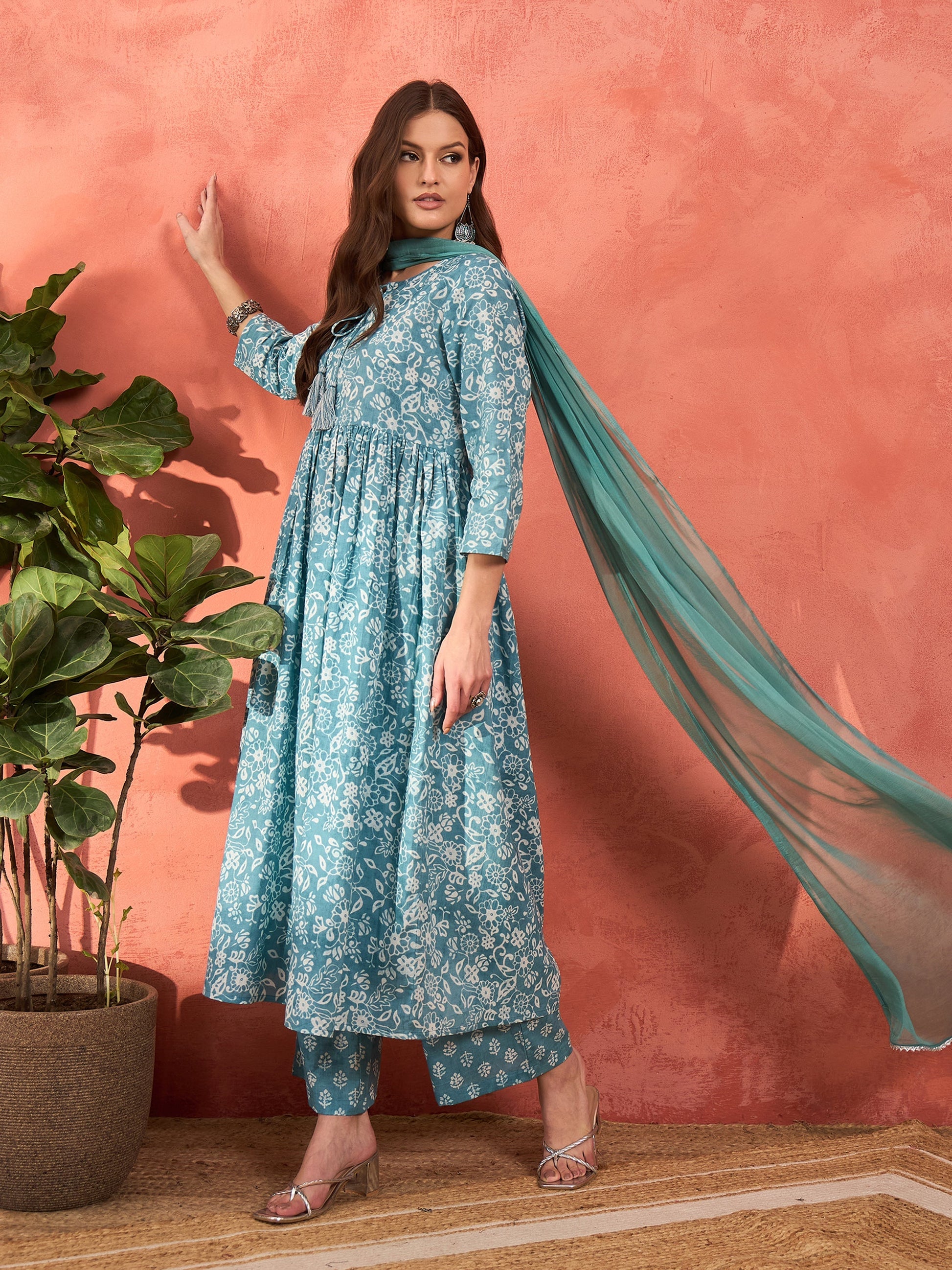 Blue Floral Front Dori Gathered Kurta With Pencil Pants & Dupatta-Shae by SASSAFRAS