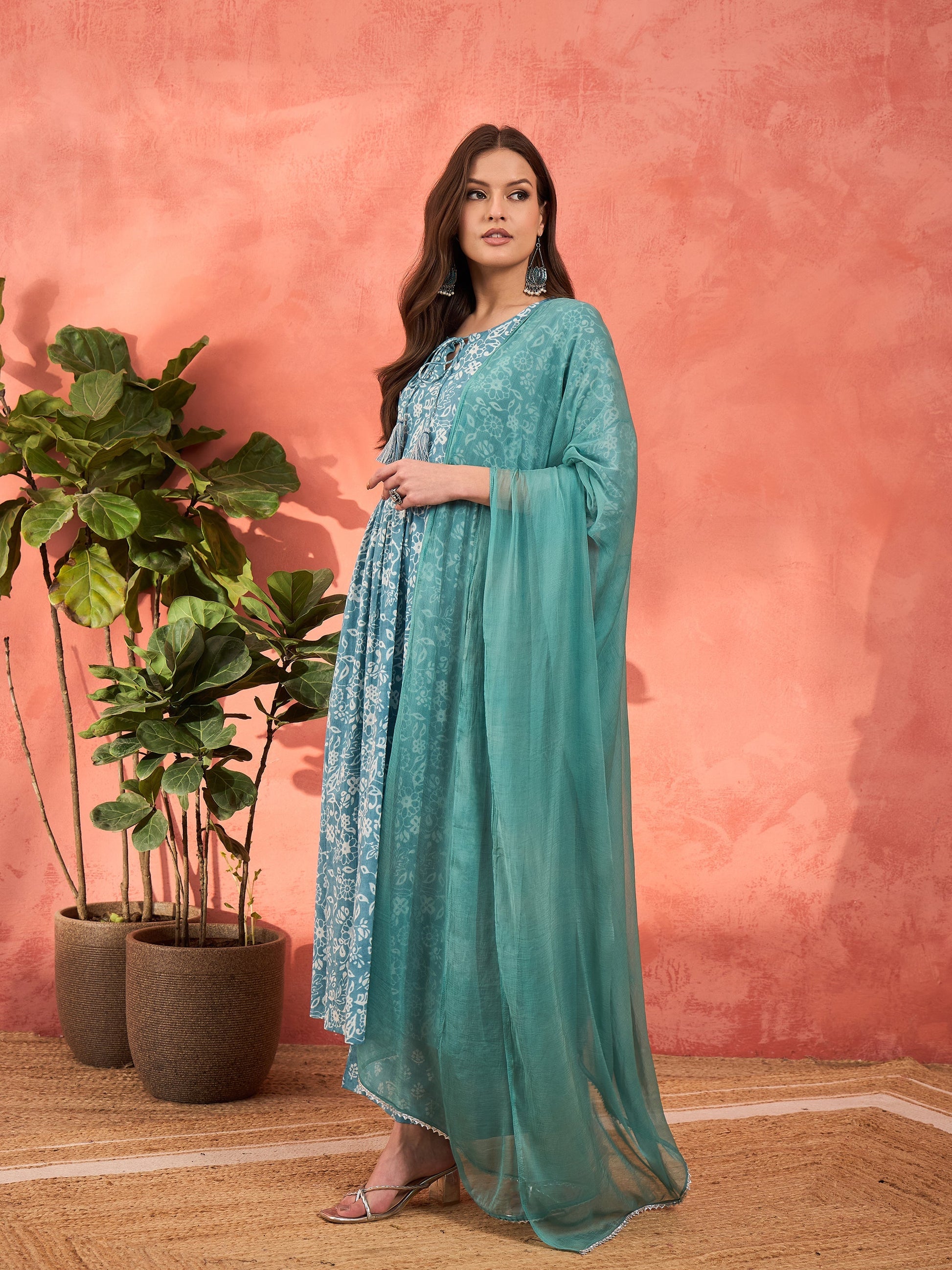 Blue Floral Front Dori Gathered Kurta With Pencil Pants & Dupatta-Shae by SASSAFRAS