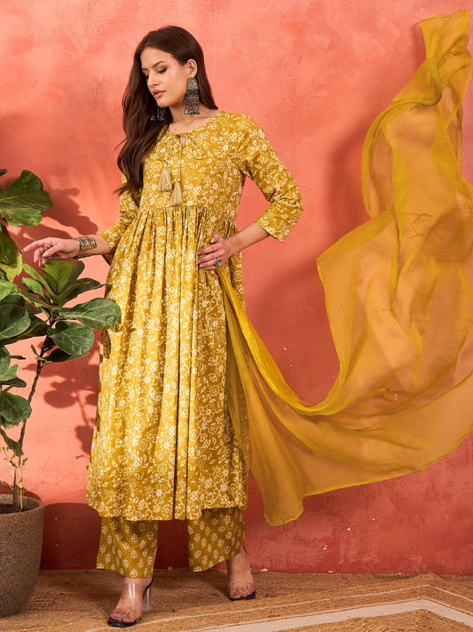 Yellow Floral Front Dori Gathered Kurta With Pencil Pants & Dupatta-Shae by SASSAFRAS