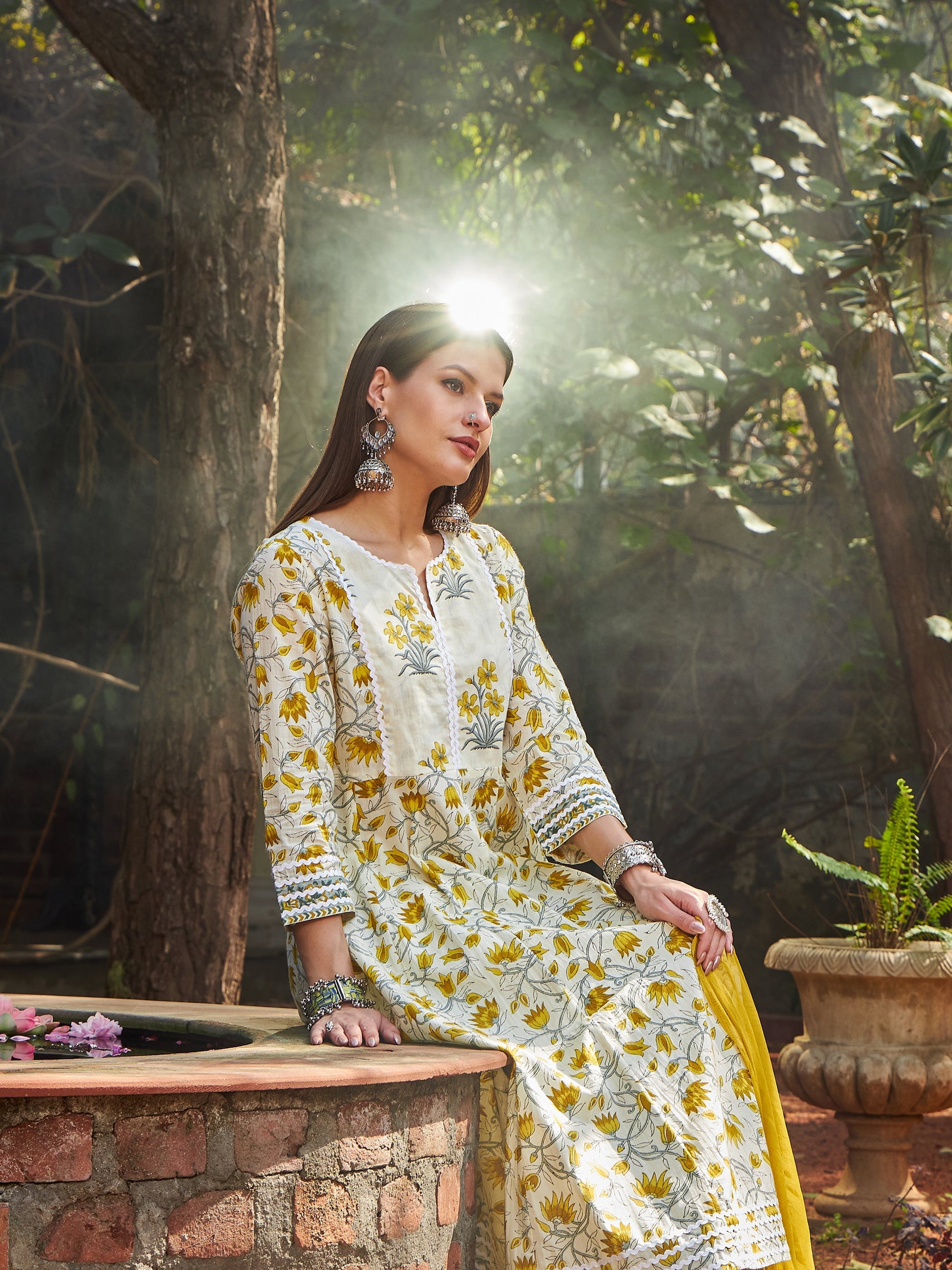 Off White & Yellow Floral Anarkali Kurta With Pencil Pants & Dupatta-Shae by SASSAFRAS