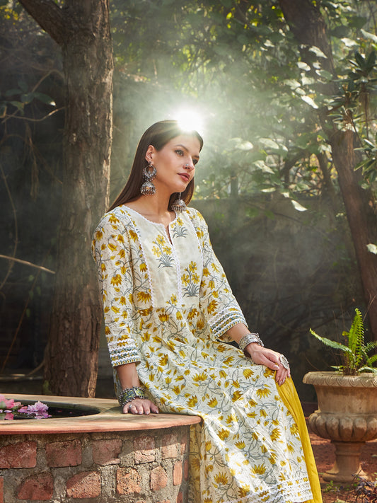 Off White & Yellow Floral Anarkali Kurta With Pencil Pants & Dupatta-Shae by SASSAFRAS