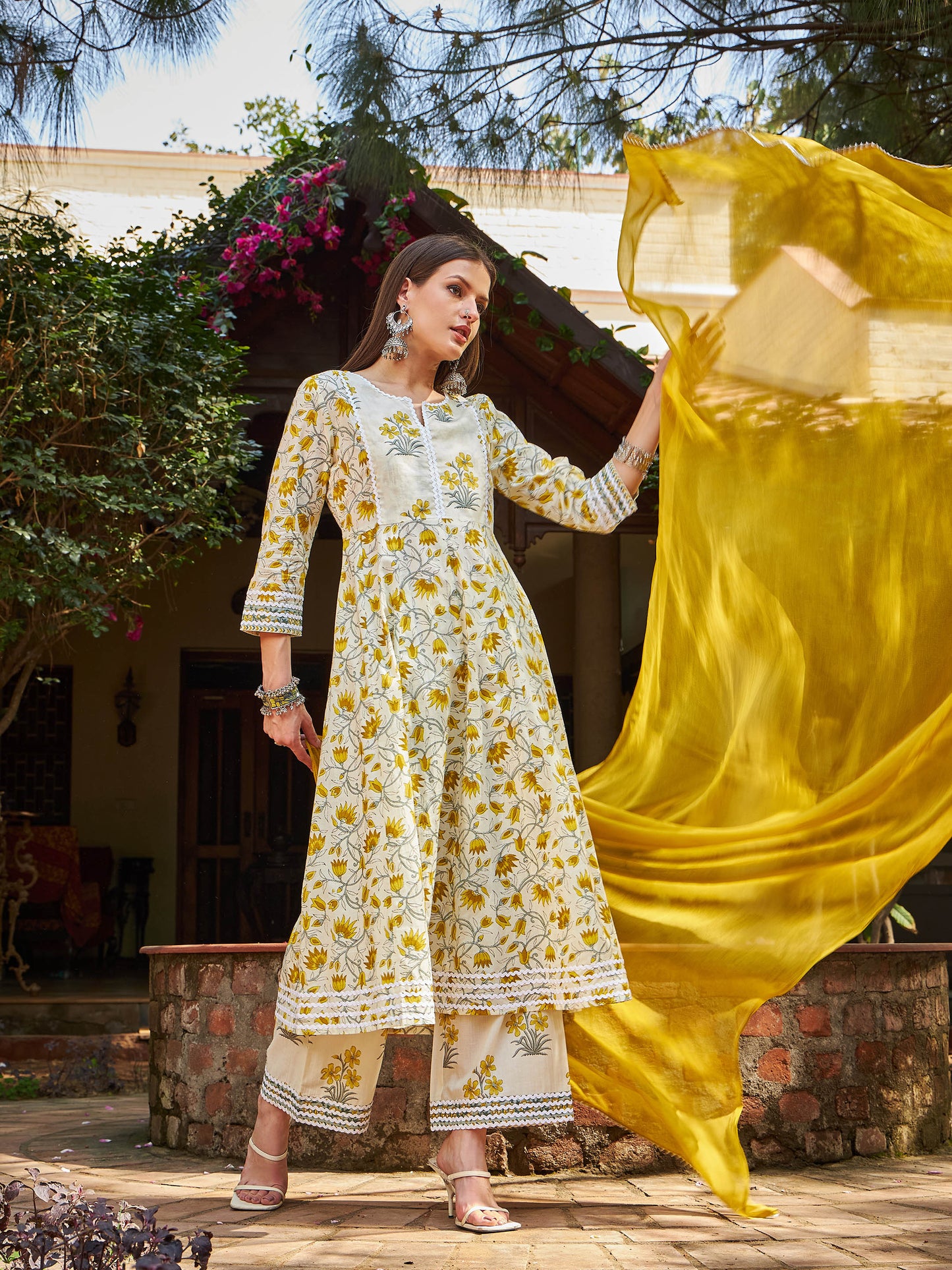 Off White & Yellow Floral Anarkali Kurta With Pencil Pants & Dupatta-Shae by SASSAFRAS