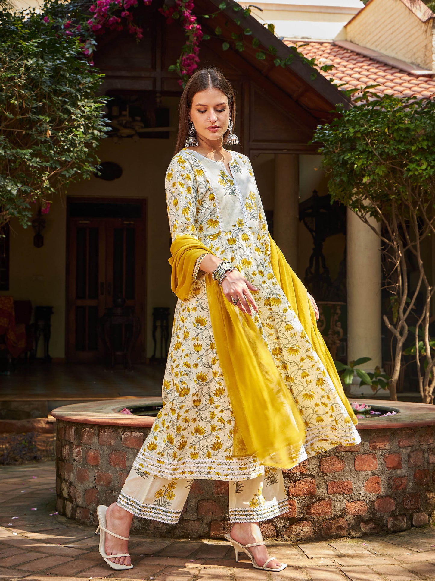 Off White & Yellow Floral Anarkali Kurta With Pencil Pants & Dupatta-Shae by SASSAFRAS