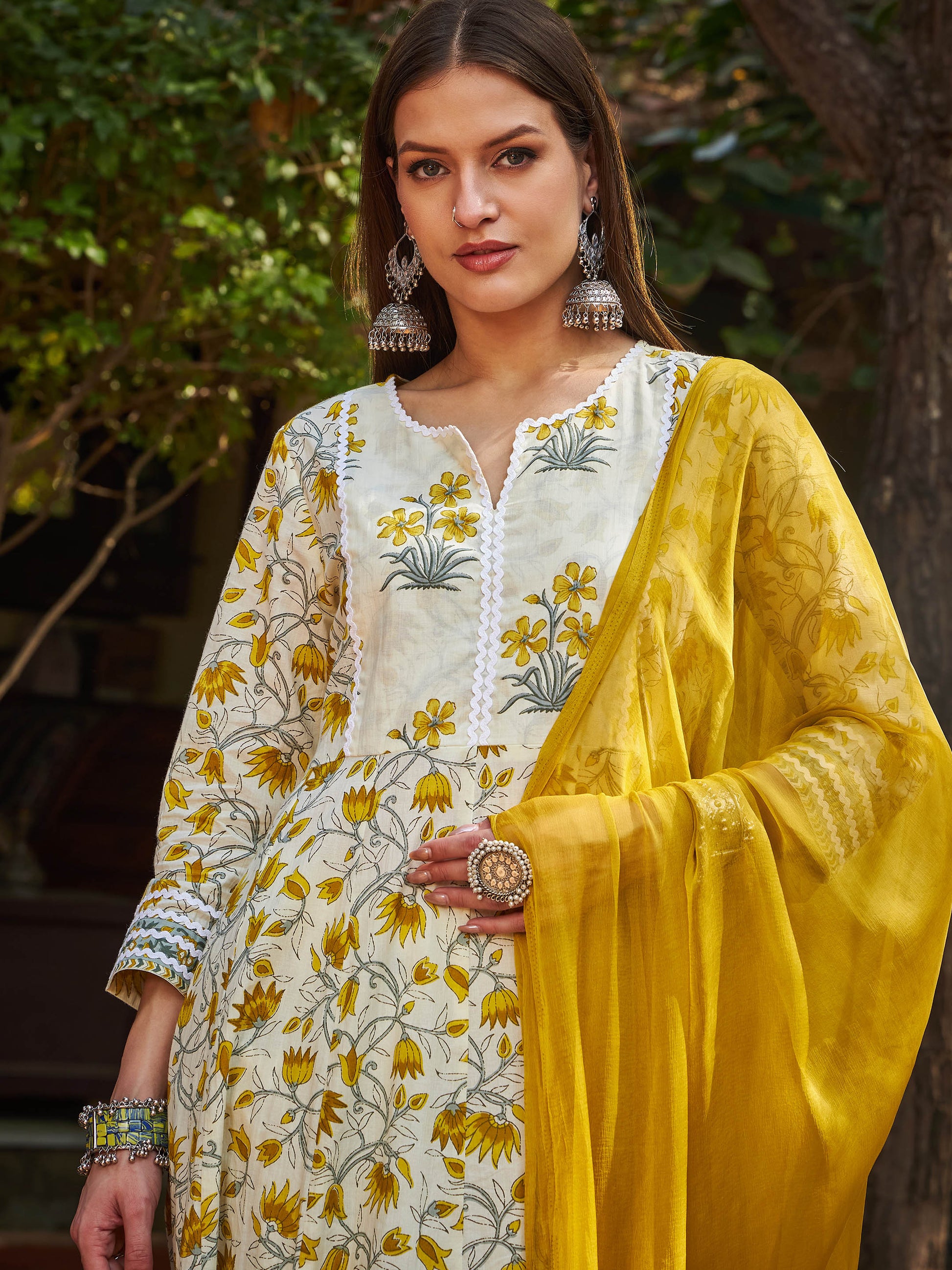 Off White & Yellow Floral Anarkali Kurta With Pencil Pants & Dupatta-Shae by SASSAFRAS