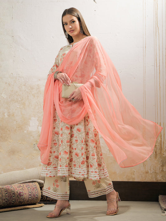 Off White & Red Floral Anarkali Kurta With Pencil Pants & Dupatta-Shae by SASSAFRAS