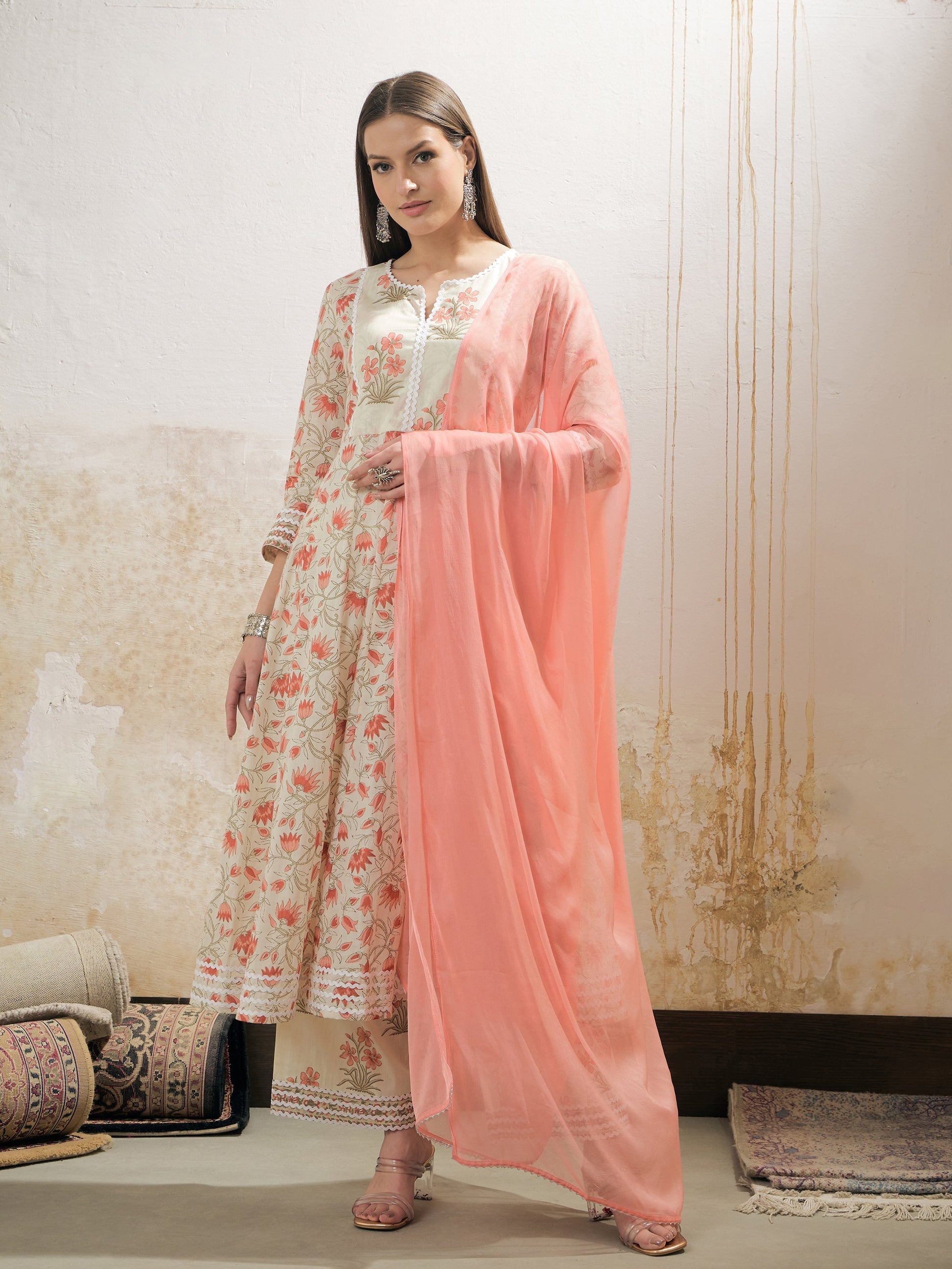 Off White & Red Floral Anarkali Kurta With Pencil Pants & Dupatta-Shae by SASSAFRAS