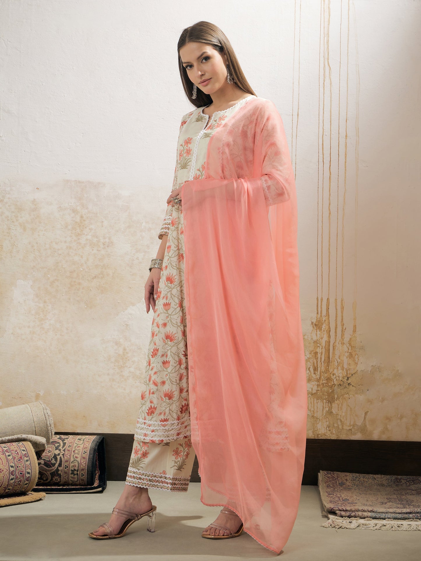 Off White & Red Floral Anarkali Kurta With Pencil Pants & Dupatta-Shae by SASSAFRAS