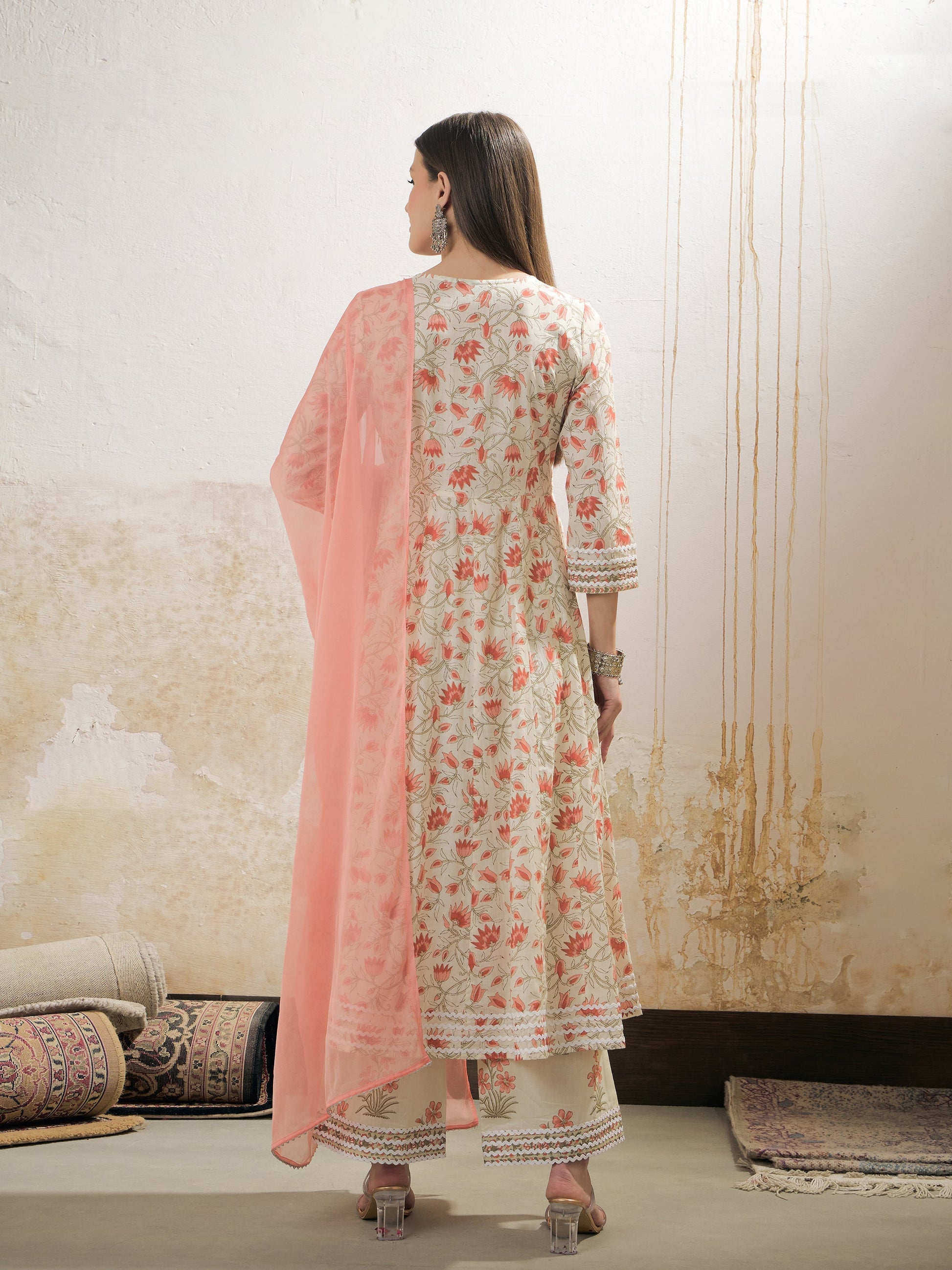 Off White & Red Floral Anarkali Kurta With Pencil Pants & Dupatta-Shae by SASSAFRAS