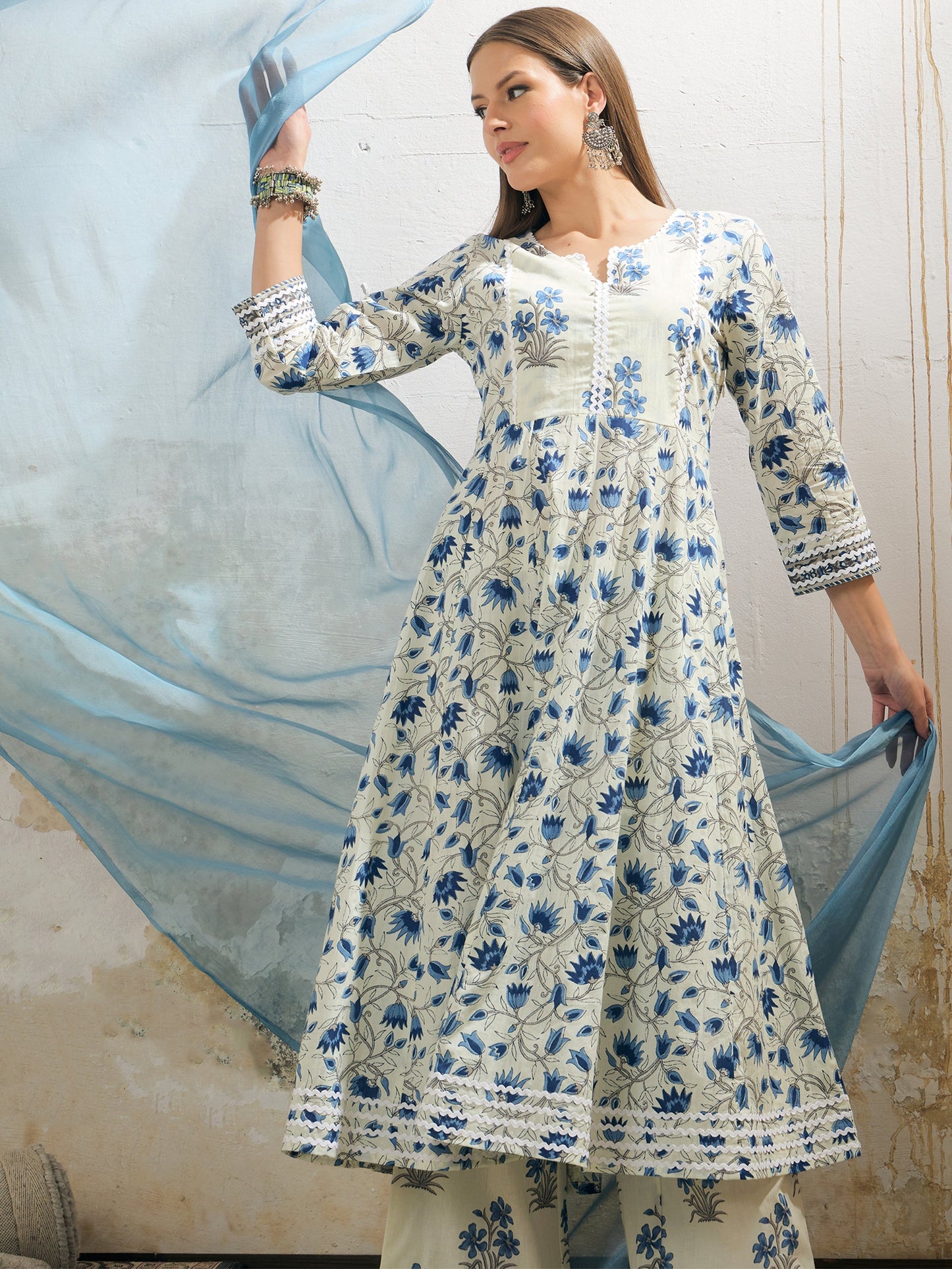 Off White & Blue Floral Anarkali Kurta With Pencil Pants & Dupatta-Shae by SASSAFRAS