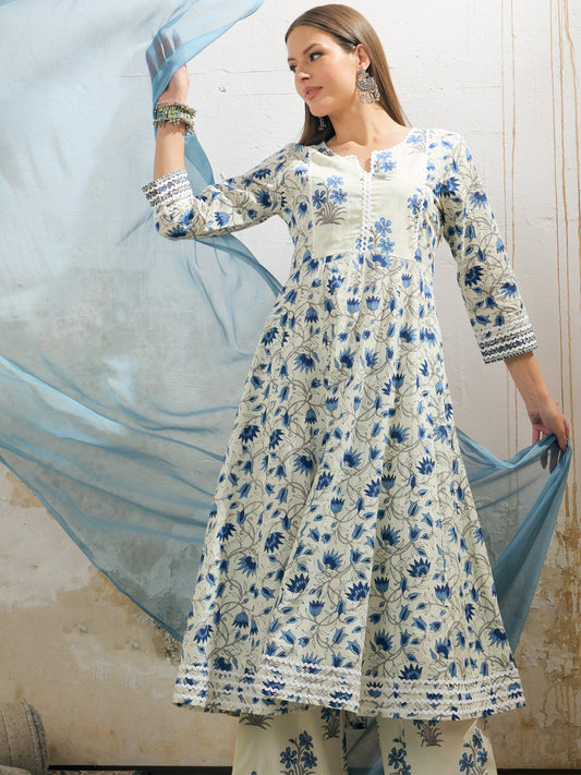 Off White & Blue Floral Anarkali Kurta With Pencil Pants & Dupatta-Shae by SASSAFRAS