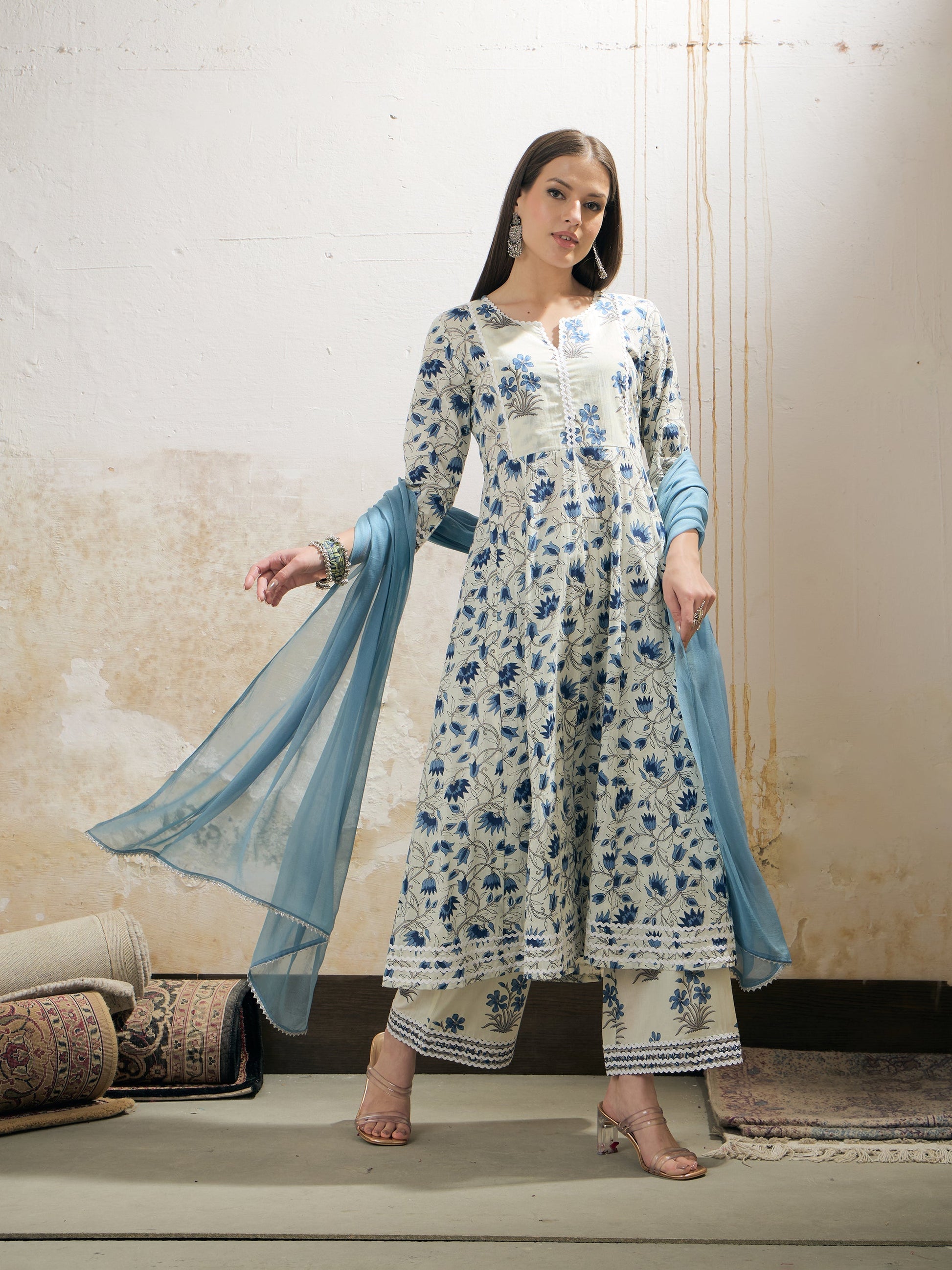 Off White & Blue Floral Anarkali Kurta With Pencil Pants & Dupatta-Shae by SASSAFRAS