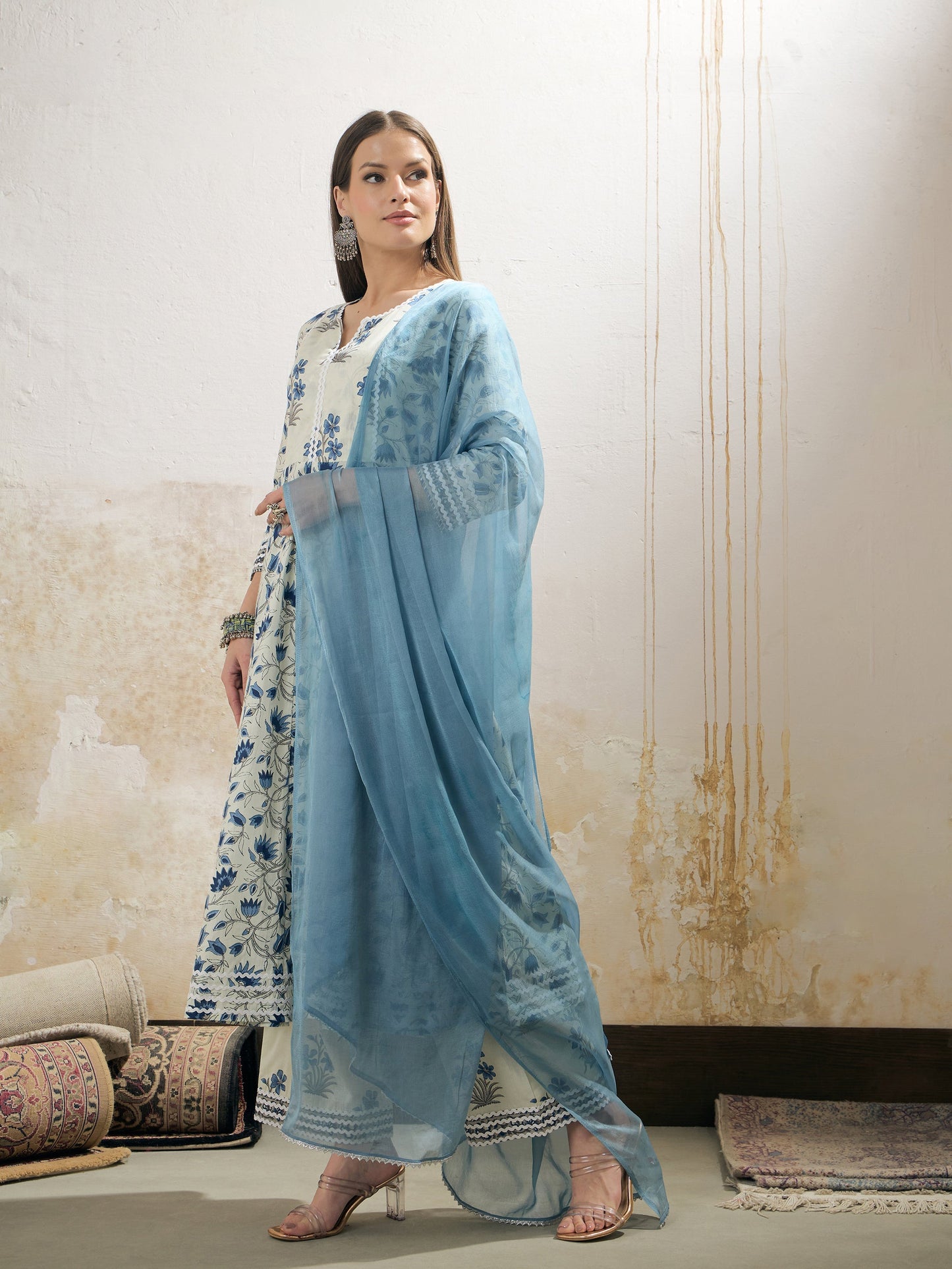 Off White & Blue Floral Anarkali Kurta With Pencil Pants & Dupatta-Shae by SASSAFRAS