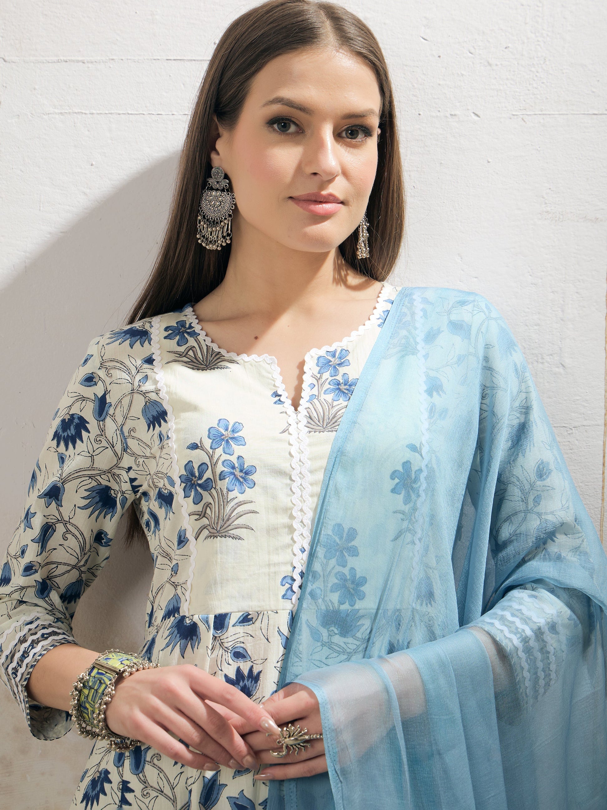 Off White & Blue Floral Anarkali Kurta With Pencil Pants & Dupatta-Shae by SASSAFRAS