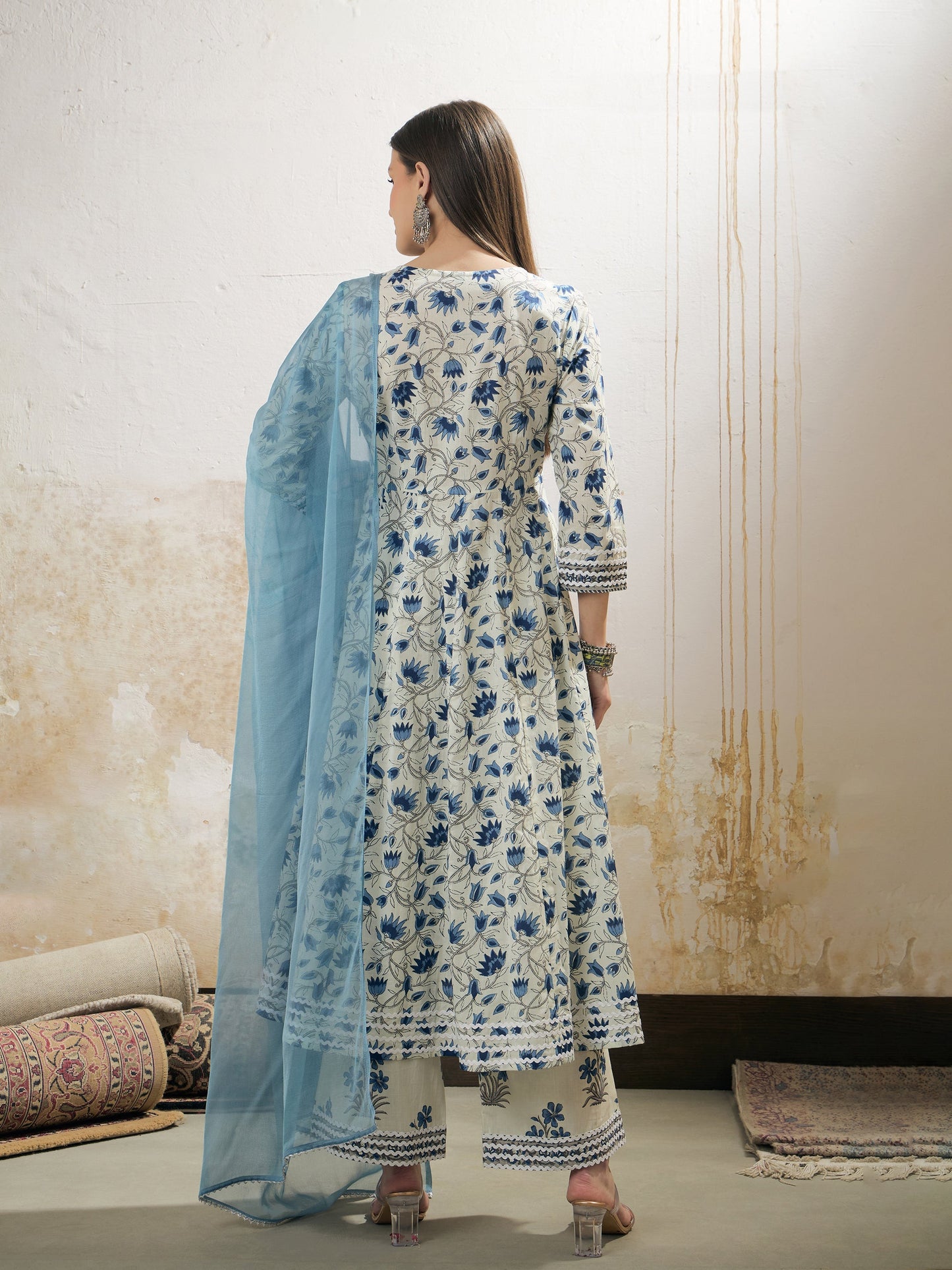 Off White & Blue Floral Anarkali Kurta With Pencil Pants & Dupatta-Shae by SASSAFRAS