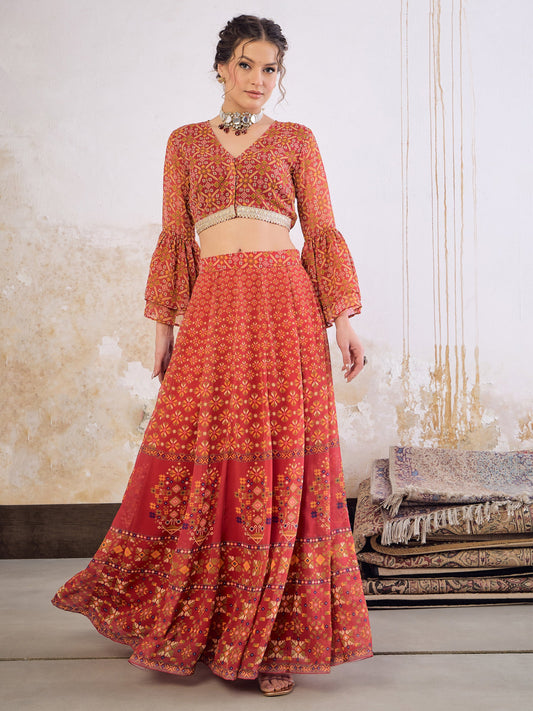 Maroon Floral Frill Sleeves Crop Top With Anarkali Skirt-Shae by SASSAFRAS