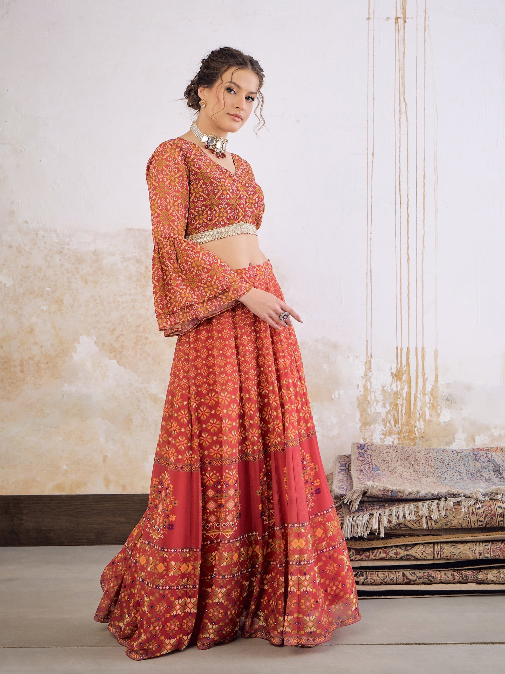 Maroon Floral Frill Sleeves Crop Top With Anarkali Skirt-Shae by SASSAFRAS