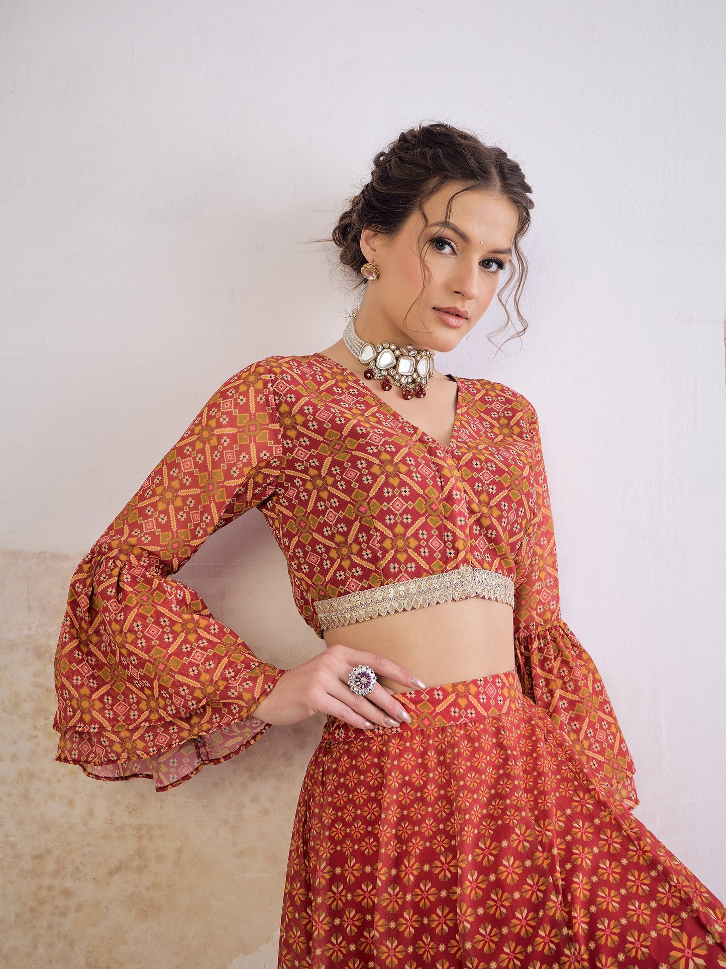 Maroon Floral Frill Sleeves Crop Top With Anarkali Skirt-Shae by SASSAFRAS